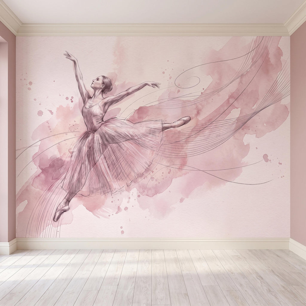 Pink Ballerina Peel and Stick Wall Mural, Watercolor Ballet Dancer Sketch Blush Dance Illustration Girls Bedroom Nursery Elegant Wallpaper