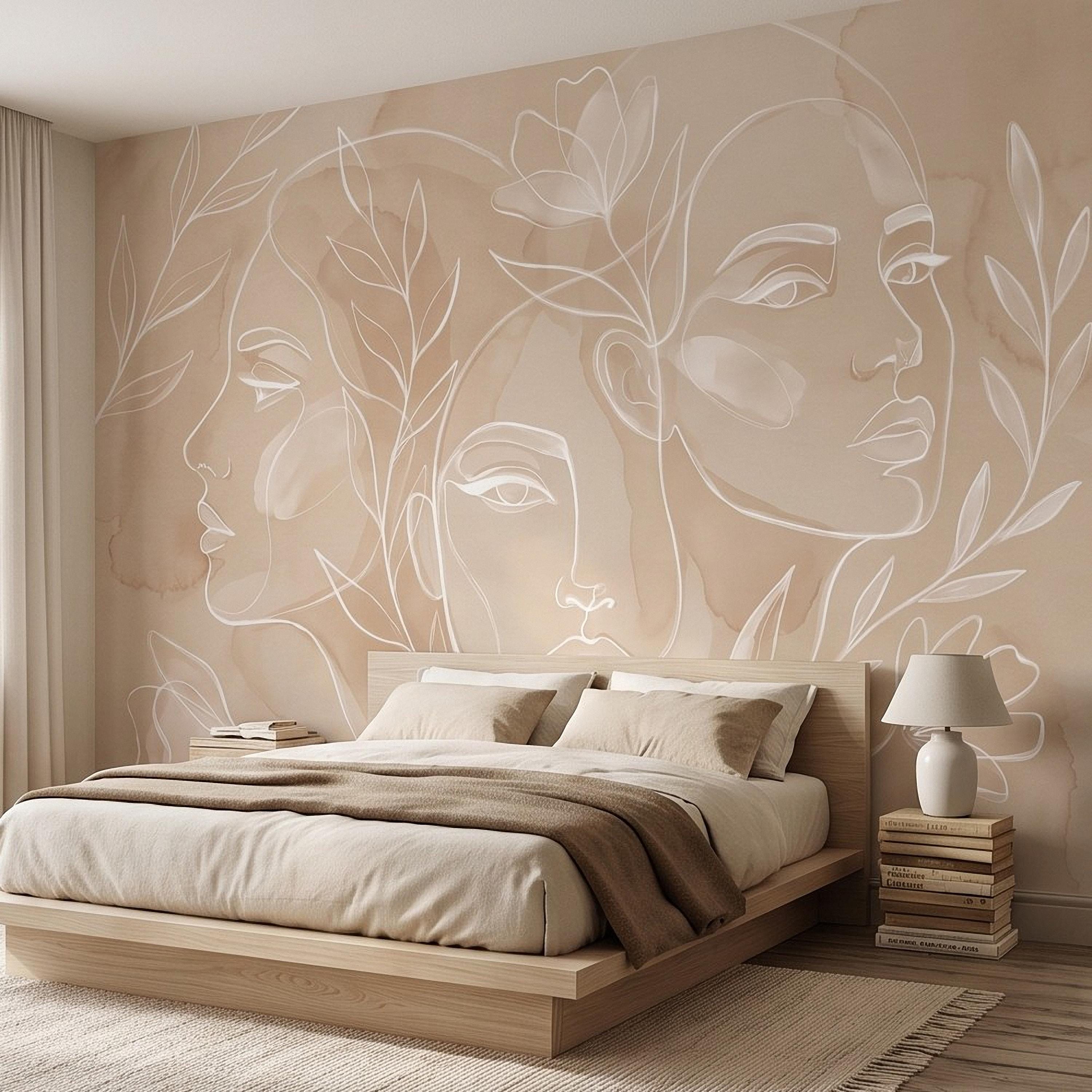 Abstract Line Art Faces Peel and Stick Wall Mural, Neutral Beige Botanical Female Portrait Minimalist Watercolor Wallpaper