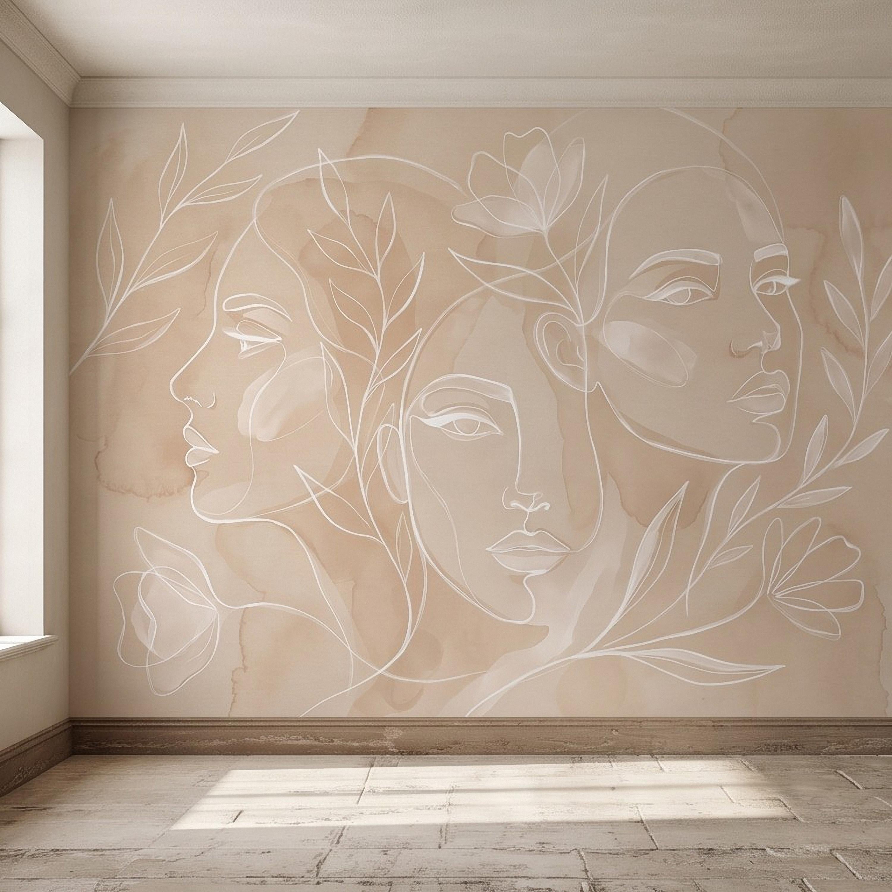 Abstract Line Art Faces Peel and Stick Wall Mural, Neutral Beige Botanical Female Portrait Minimalist Watercolor Wallpaper