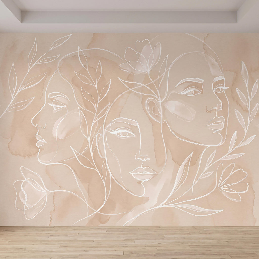 Abstract Line Art Faces Peel and Stick Wall Mural, Neutral Beige Botanical Female Portrait Minimalist Watercolor Wallpaper