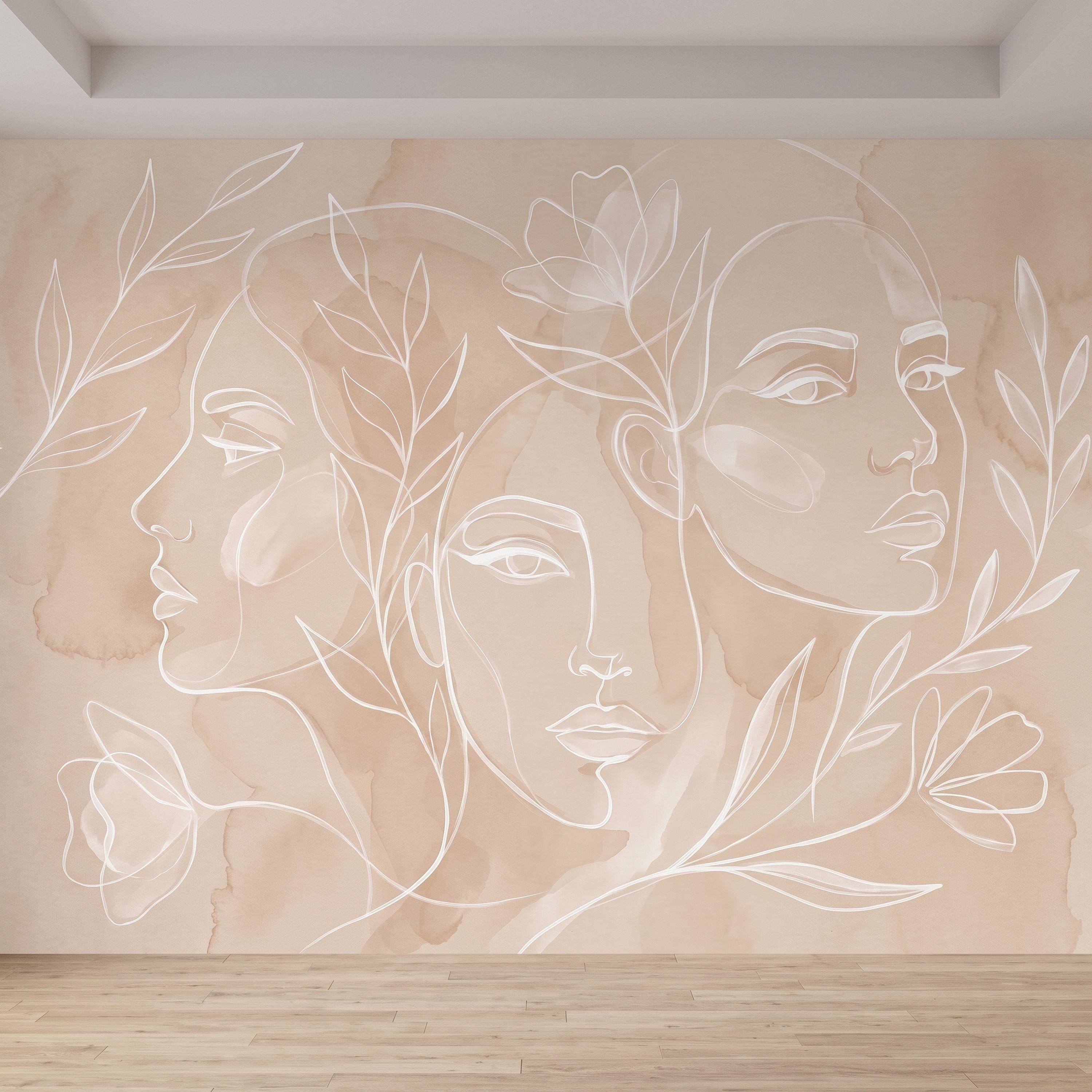 Abstract Line Art Faces Peel and Stick Wall Mural, Neutral Beige Botanical Female Portrait Minimalist Watercolor Wallpaper