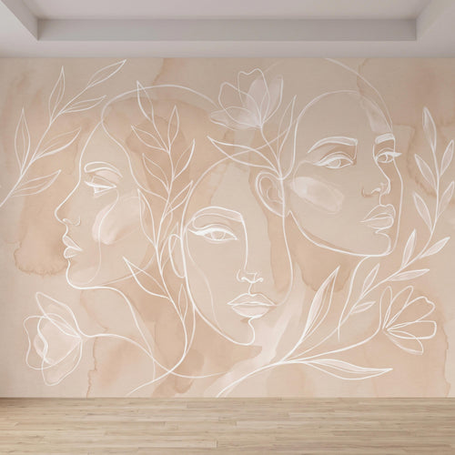 Neutral beige wall mural featuring white line-art profiles with leafy botanical details.