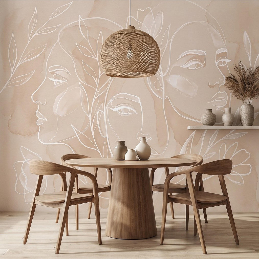 Abstract Line Art Faces Peel and Stick Wall Mural, Neutral Beige Botanical Female Portrait Minimalist Watercolor Wallpaper