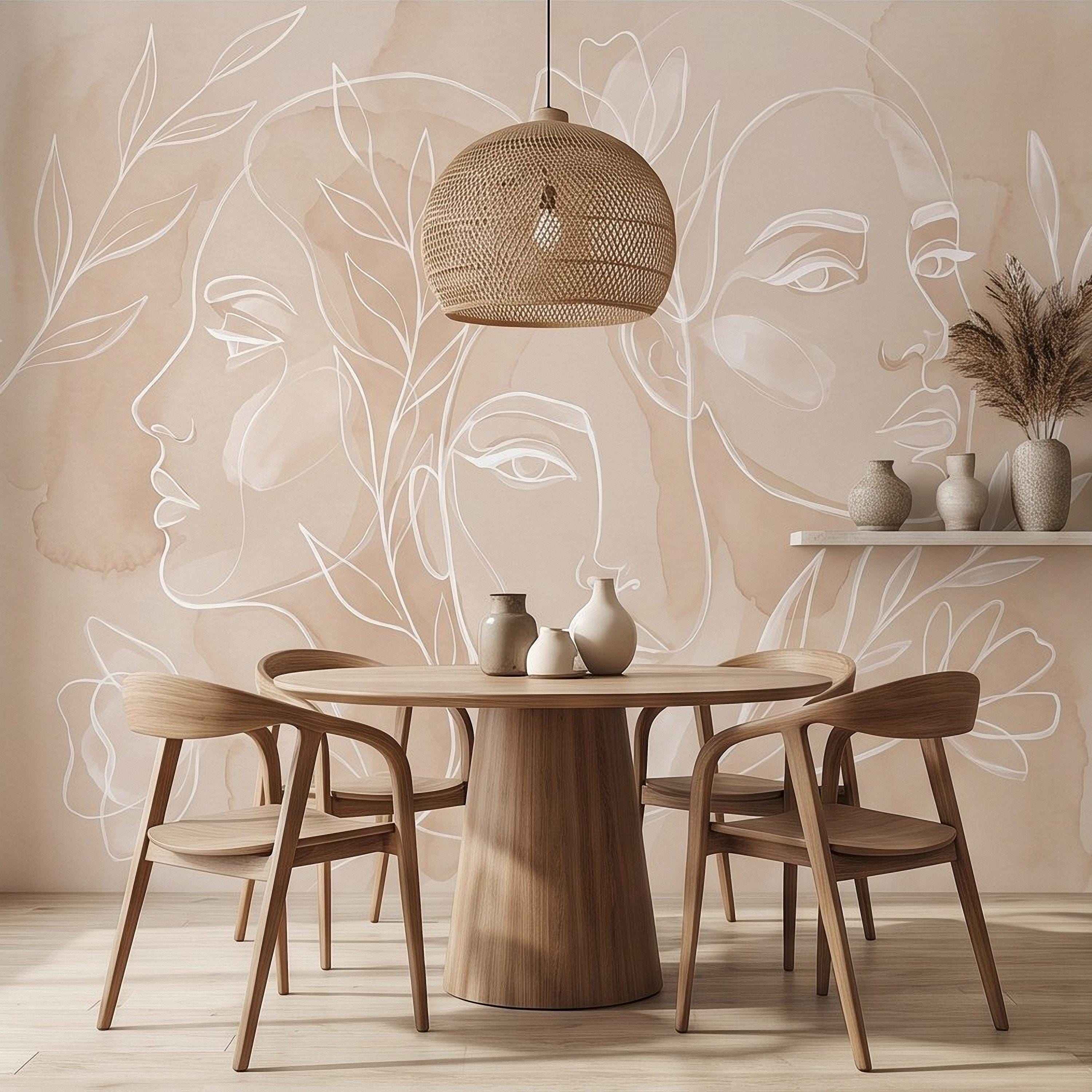 Abstract Line Art Faces Peel and Stick Wall Mural, Neutral Beige Botanical Female Portrait Minimalist Watercolor Wallpaper