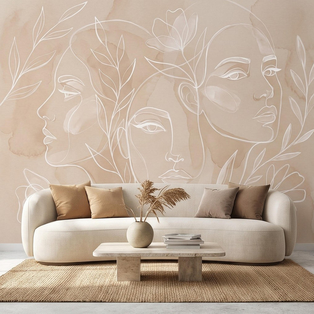 Abstract Line Art Faces Peel and Stick Wall Mural, Neutral Beige Botanical Female Portrait Minimalist Watercolor Wallpaper