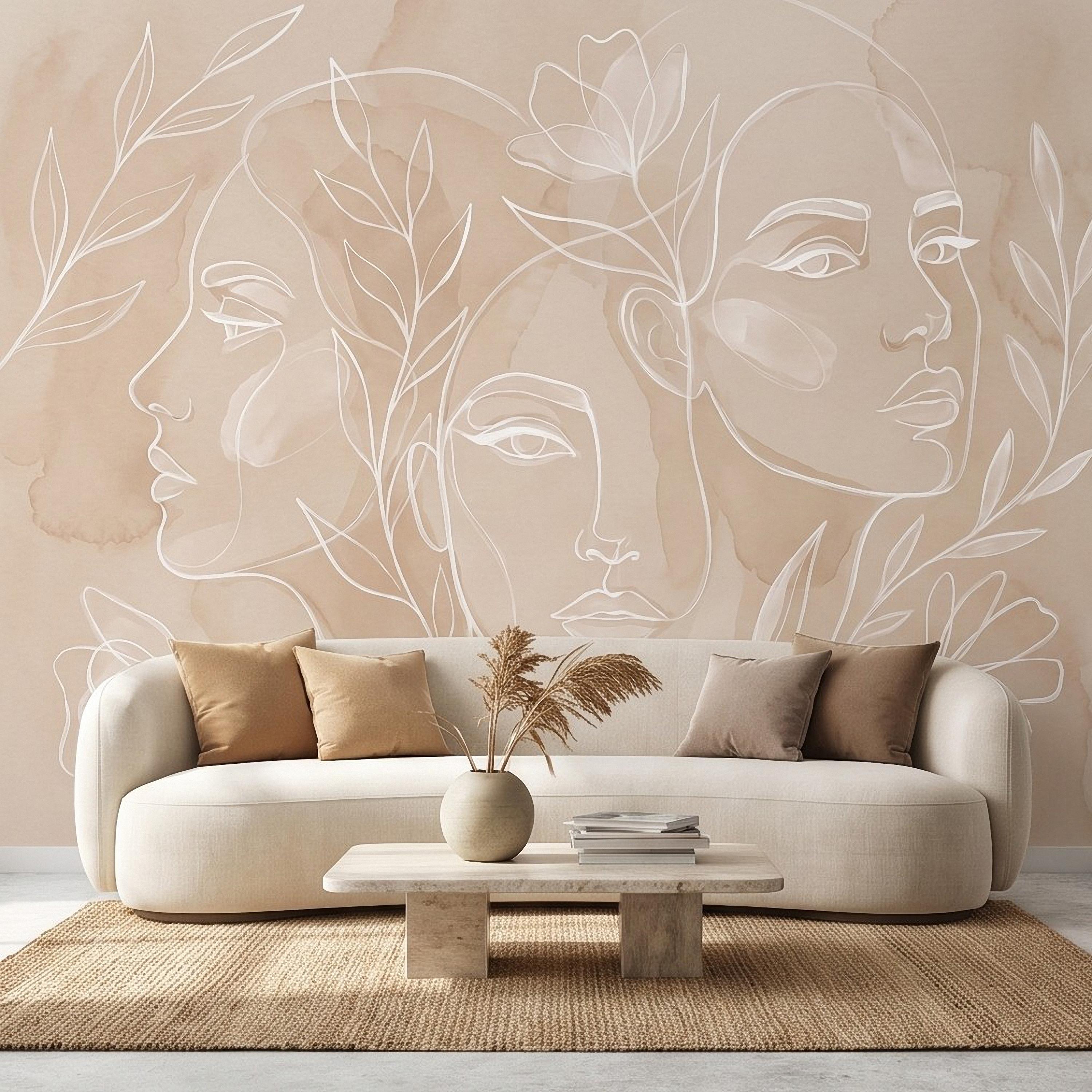 Abstract Line Art Faces Peel and Stick Wall Mural, Neutral Beige Botanical Female Portrait Minimalist Watercolor Wallpaper