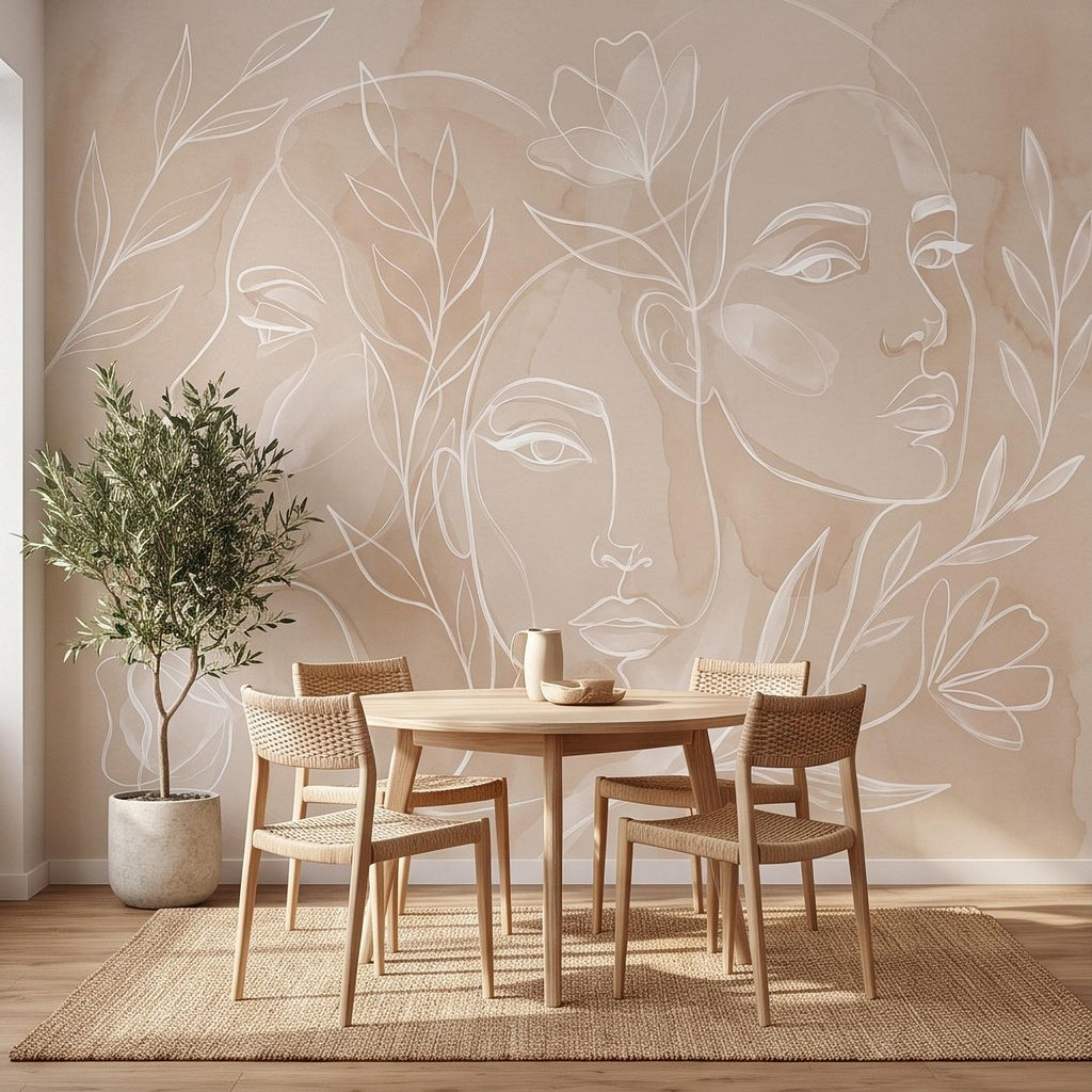 Abstract Line Art Faces Peel and Stick Wall Mural, Neutral Beige Botanical Female Portrait Minimalist Watercolor Wallpaper