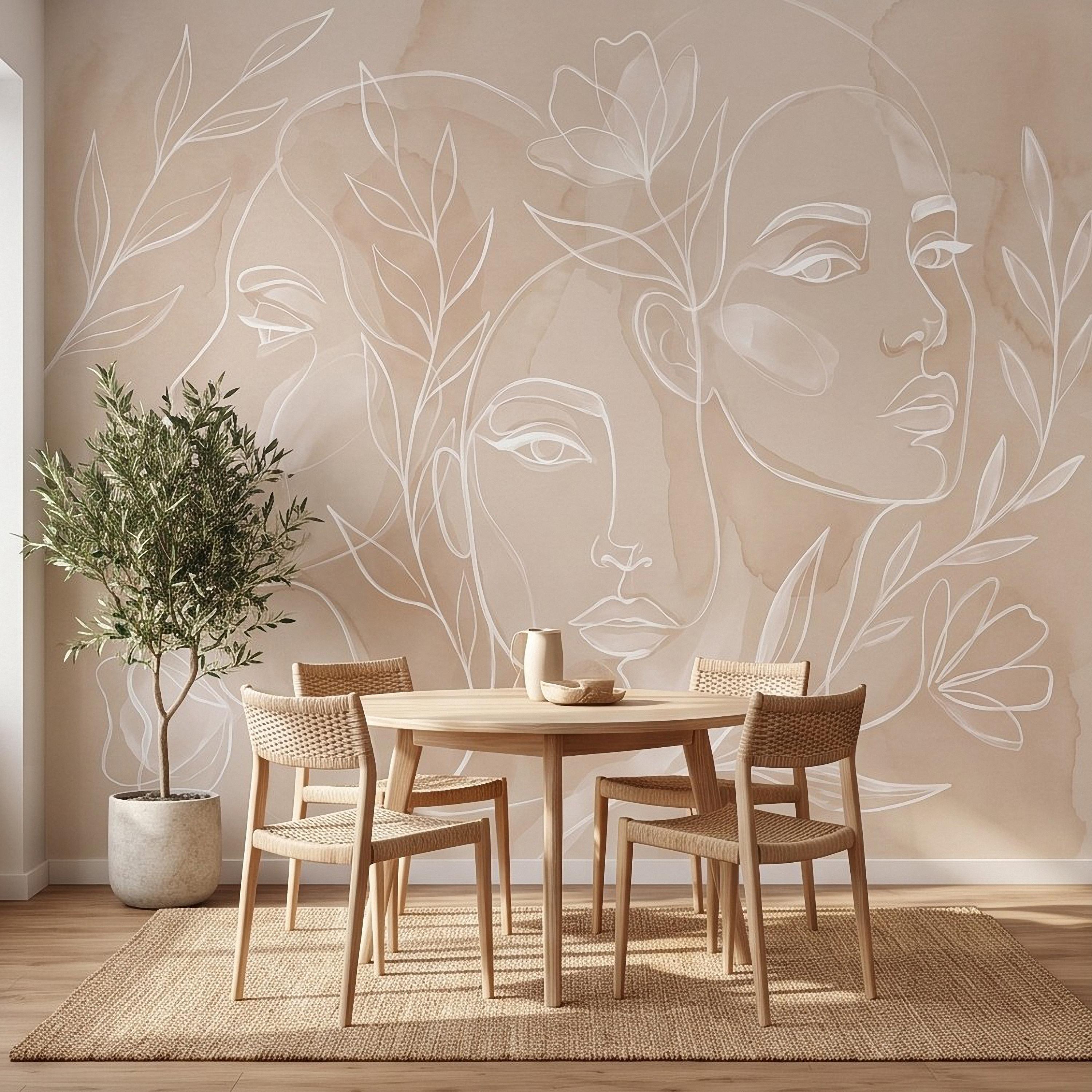 Abstract Line Art Faces Peel and Stick Wall Mural, Neutral Beige Botanical Female Portrait Minimalist Watercolor Wallpaper