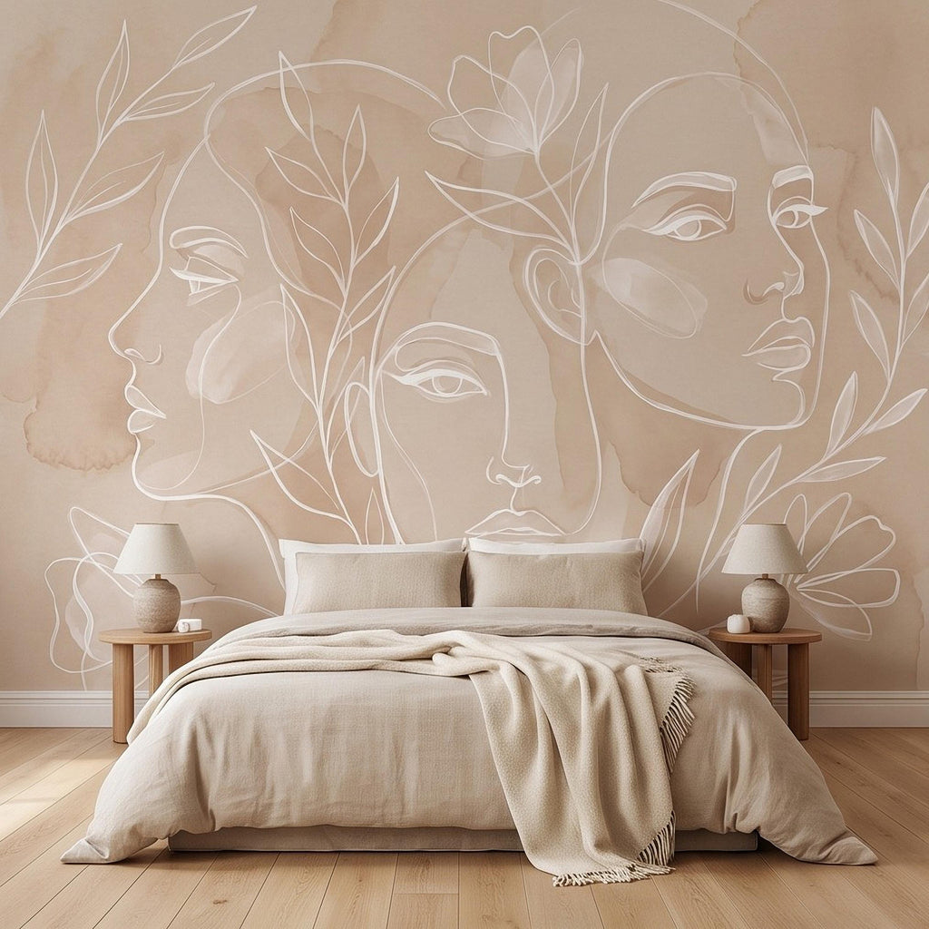 Abstract Line Art Faces Peel and Stick Wall Mural, Neutral Beige Botanical Female Portrait Minimalist Watercolor Wallpaper