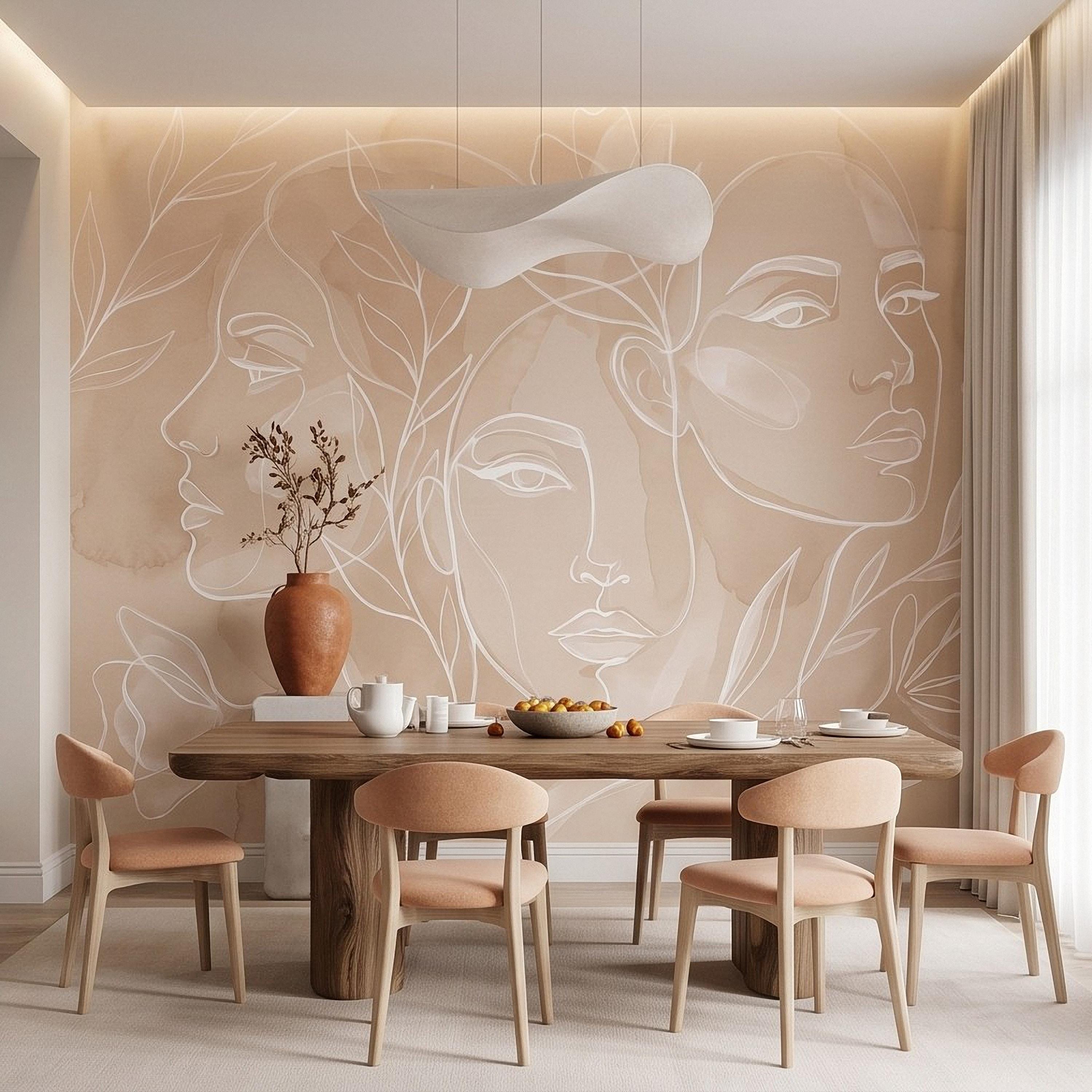 Abstract Line Art Faces Peel and Stick Wall Mural, Neutral Beige Botanical Female Portrait Minimalist Watercolor Wallpaper