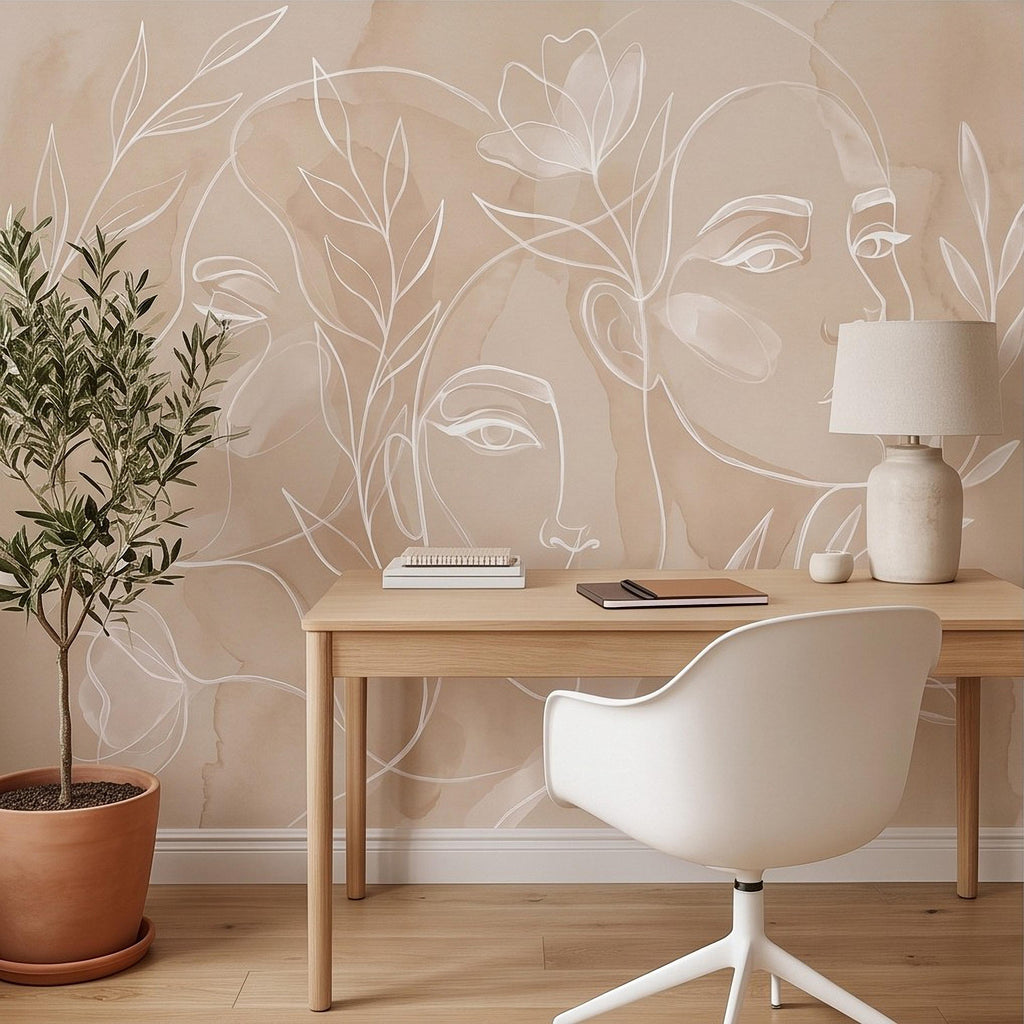 Abstract Line Art Faces Peel and Stick Wall Mural, Neutral Beige Botanical Female Portrait Minimalist Watercolor Wallpaper