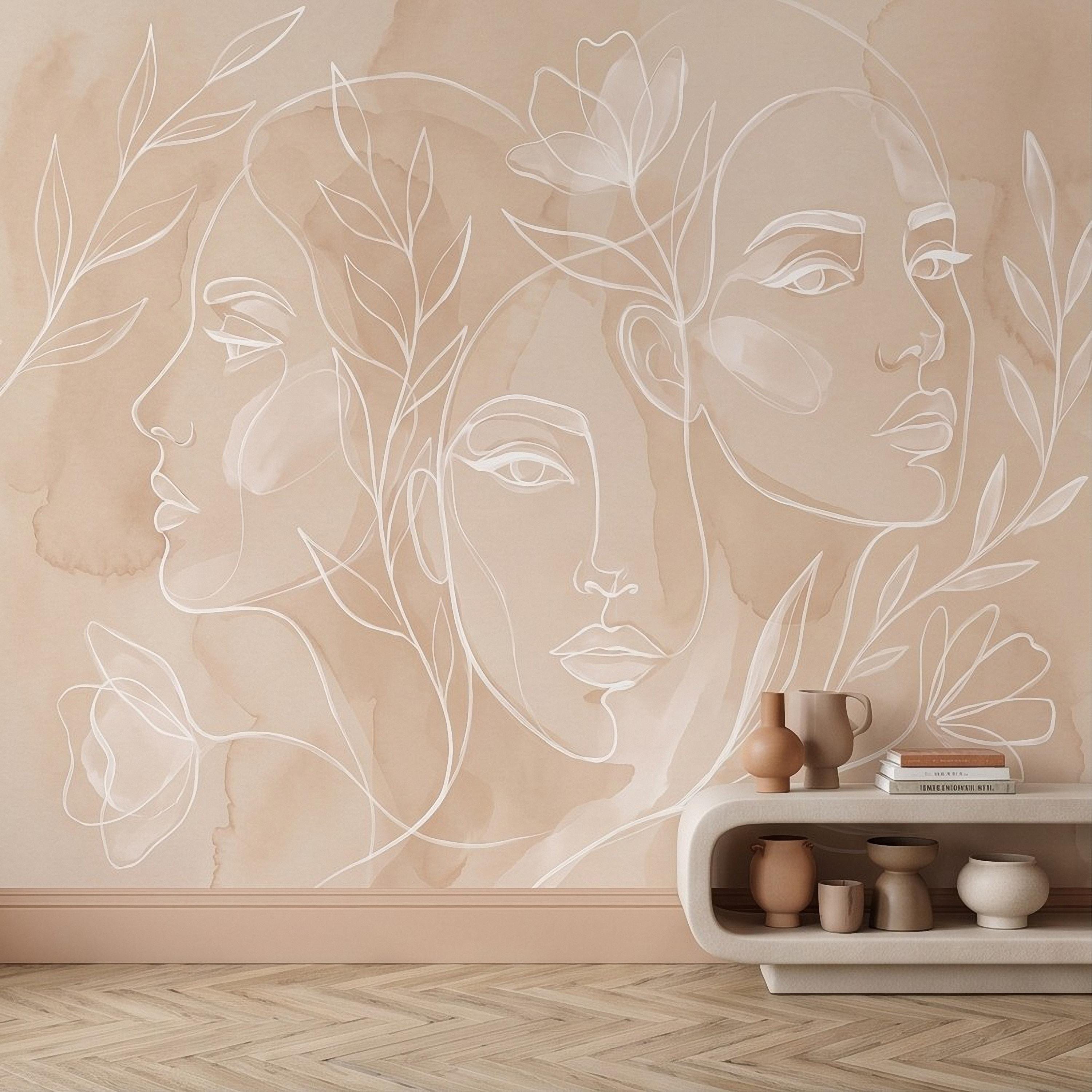 Abstract Line Art Faces Peel and Stick Wall Mural, Neutral Beige Botanical Female Portrait Minimalist Watercolor Wallpaper