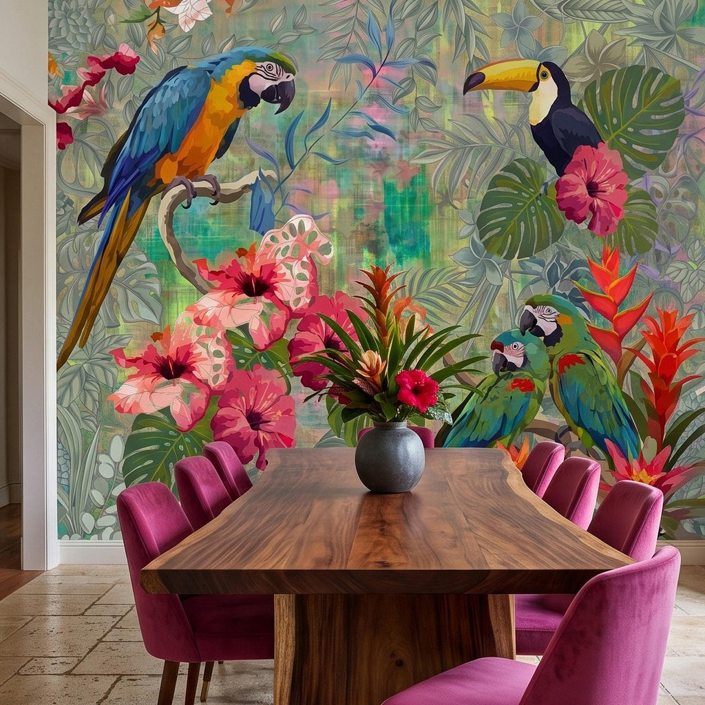 Tropical Birds Peel and Stick Wall Mural, Blue Macaw Toucan Hibiscus Monstera Exotic Botanical Jungle Wallpaper