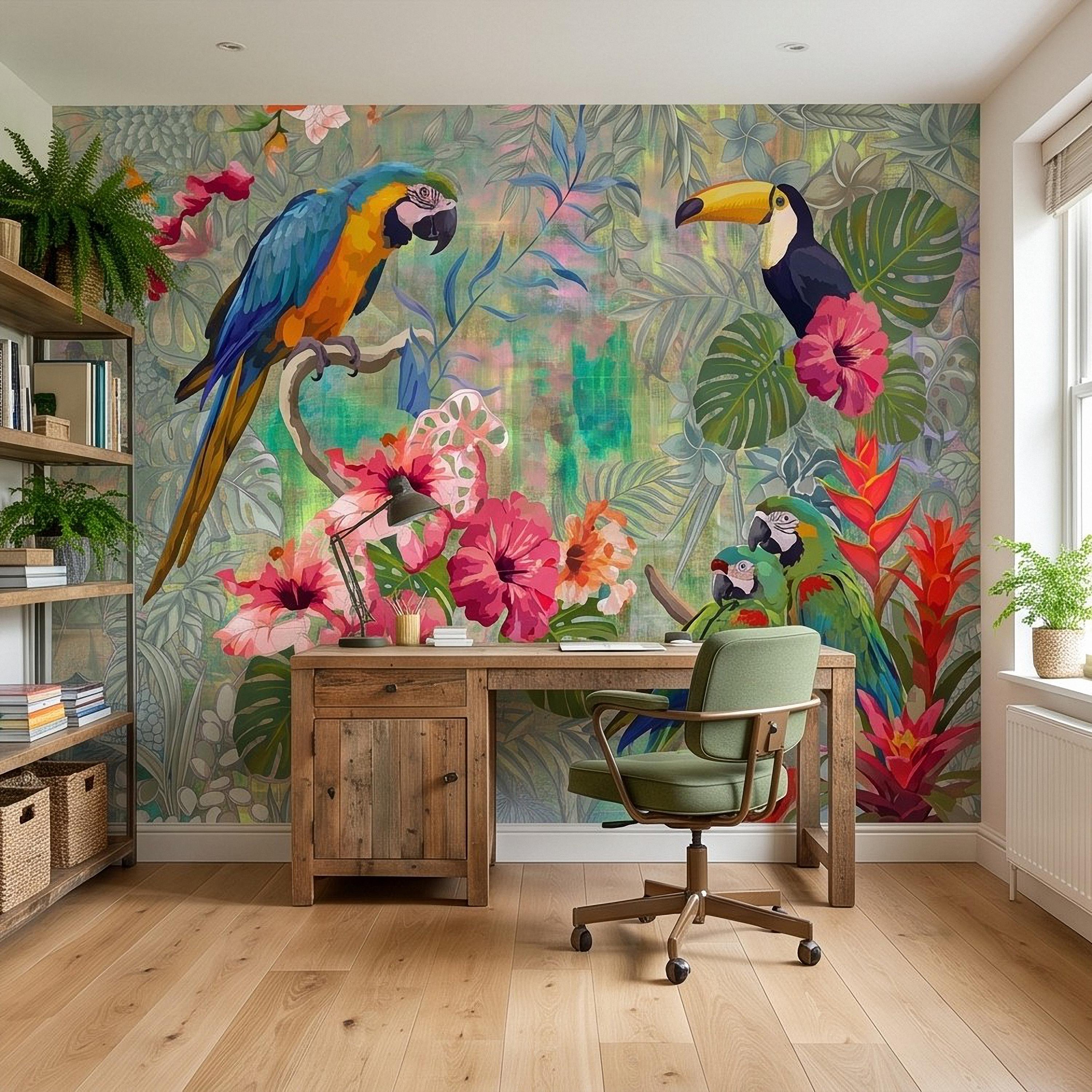 Tropical Birds Peel and Stick Wall Mural, Blue Macaw Toucan Hibiscus Monstera Exotic Botanical Jungle Wallpaper