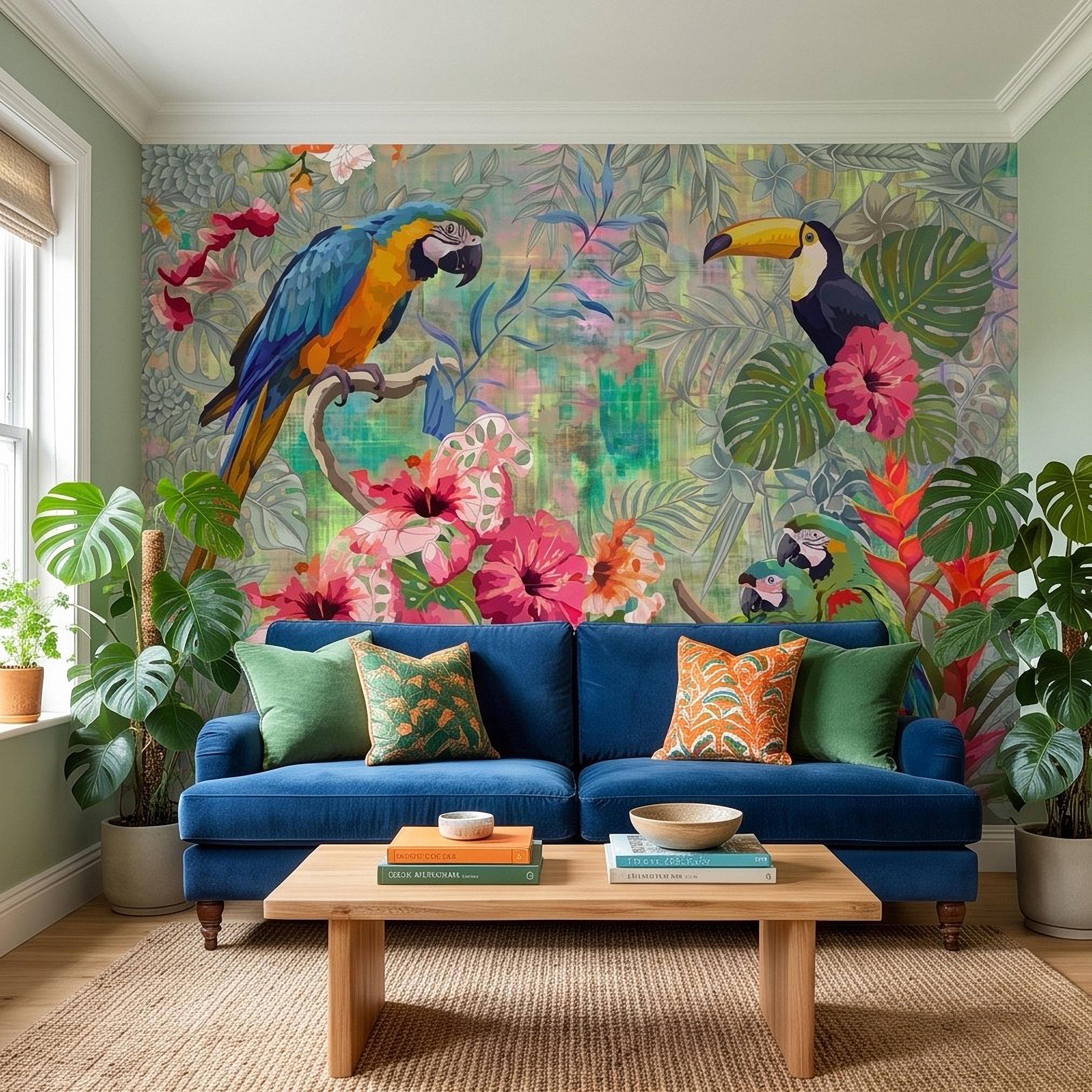 Tropical Birds Peel and Stick Wall Mural, Blue Macaw Toucan Hibiscus Monstera Exotic Botanical Jungle Wallpaper