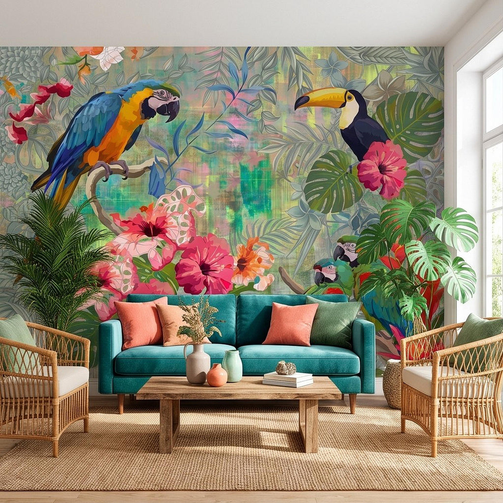 Tropical Birds Peel and Stick Wall Mural, Blue Macaw Toucan Hibiscus Monstera Exotic Botanical Jungle Wallpaper