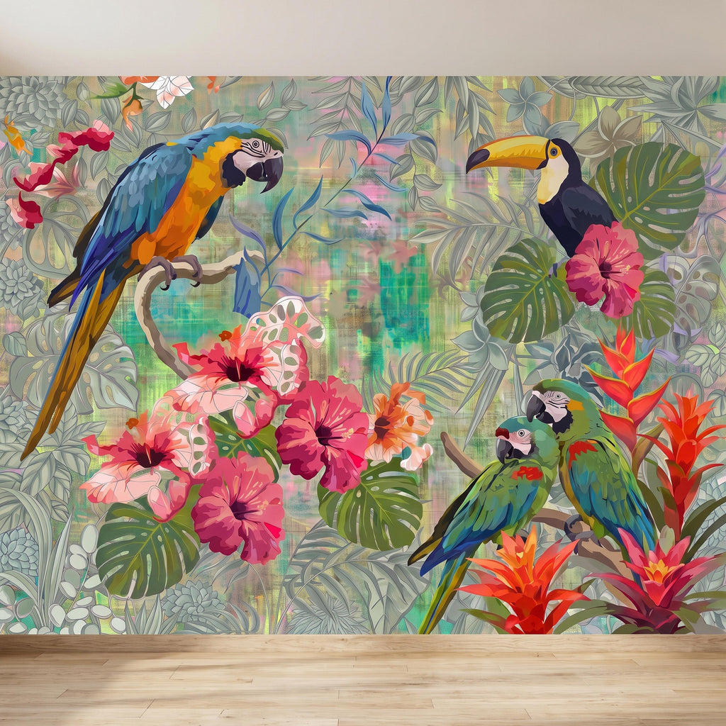 Tropical Birds Peel and Stick Wall Mural, Blue Macaw Toucan Hibiscus Monstera Exotic Botanical Jungle Wallpaper