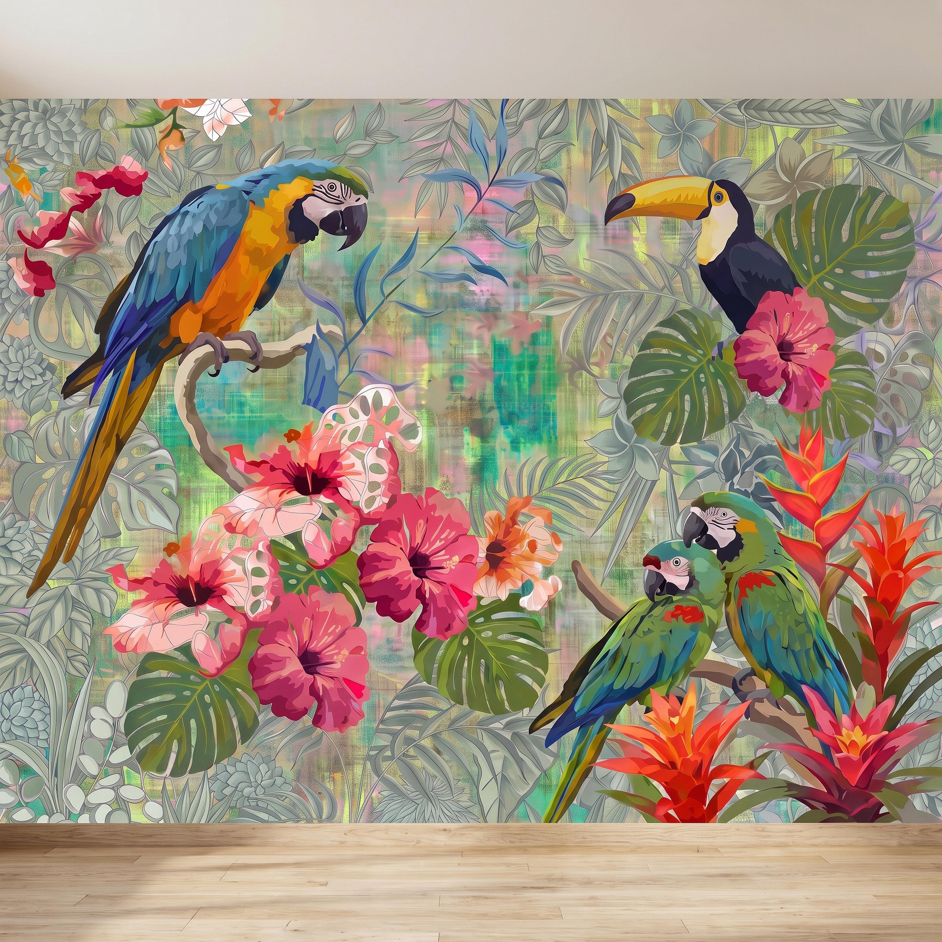 Tropical Birds Peel and Stick Wall Mural, Blue Macaw Toucan Hibiscus Monstera Exotic Botanical Jungle Wallpaper