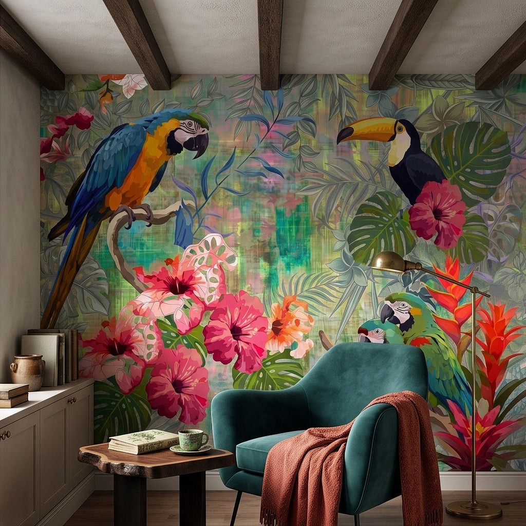 Tropical Birds Peel and Stick Wall Mural, Blue Macaw Toucan Hibiscus Monstera Exotic Botanical Jungle Wallpaper