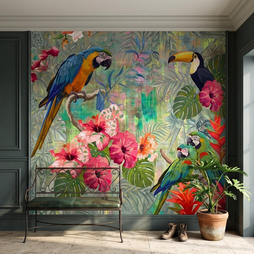 Tropical Birds Peel and Stick Wall Mural, Blue Macaw Toucan Hibiscus Monstera Exotic Botanical Jungle Wallpaper