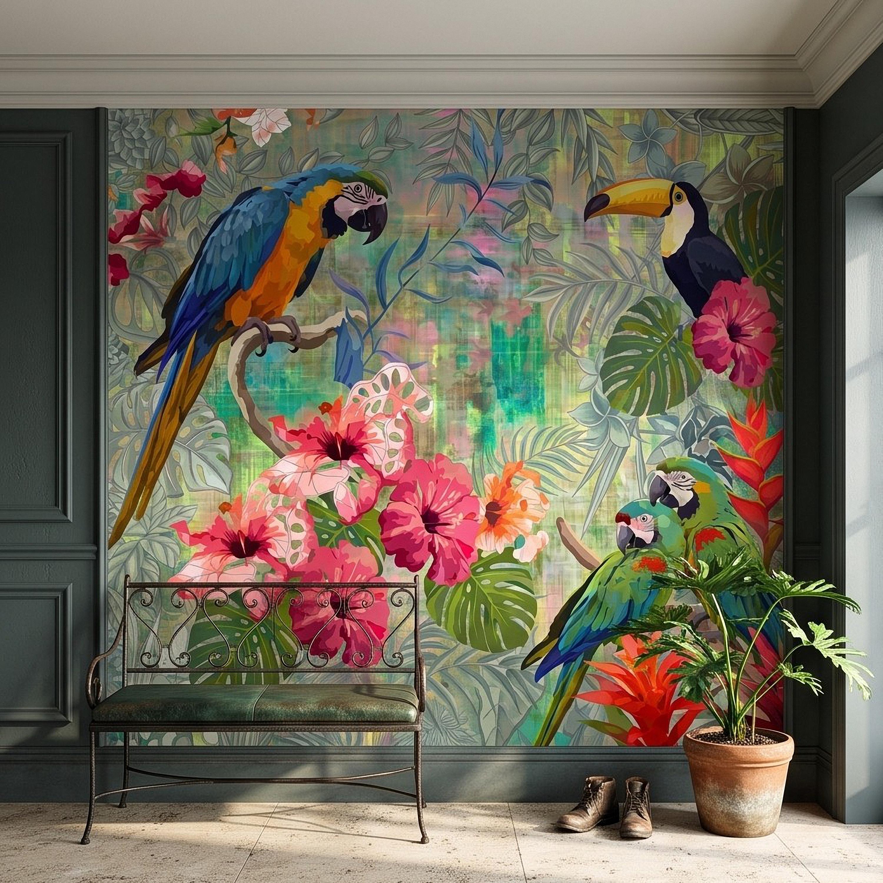 Tropical Birds Peel and Stick Wall Mural, Blue Macaw Toucan Hibiscus Monstera Exotic Botanical Jungle Wallpaper