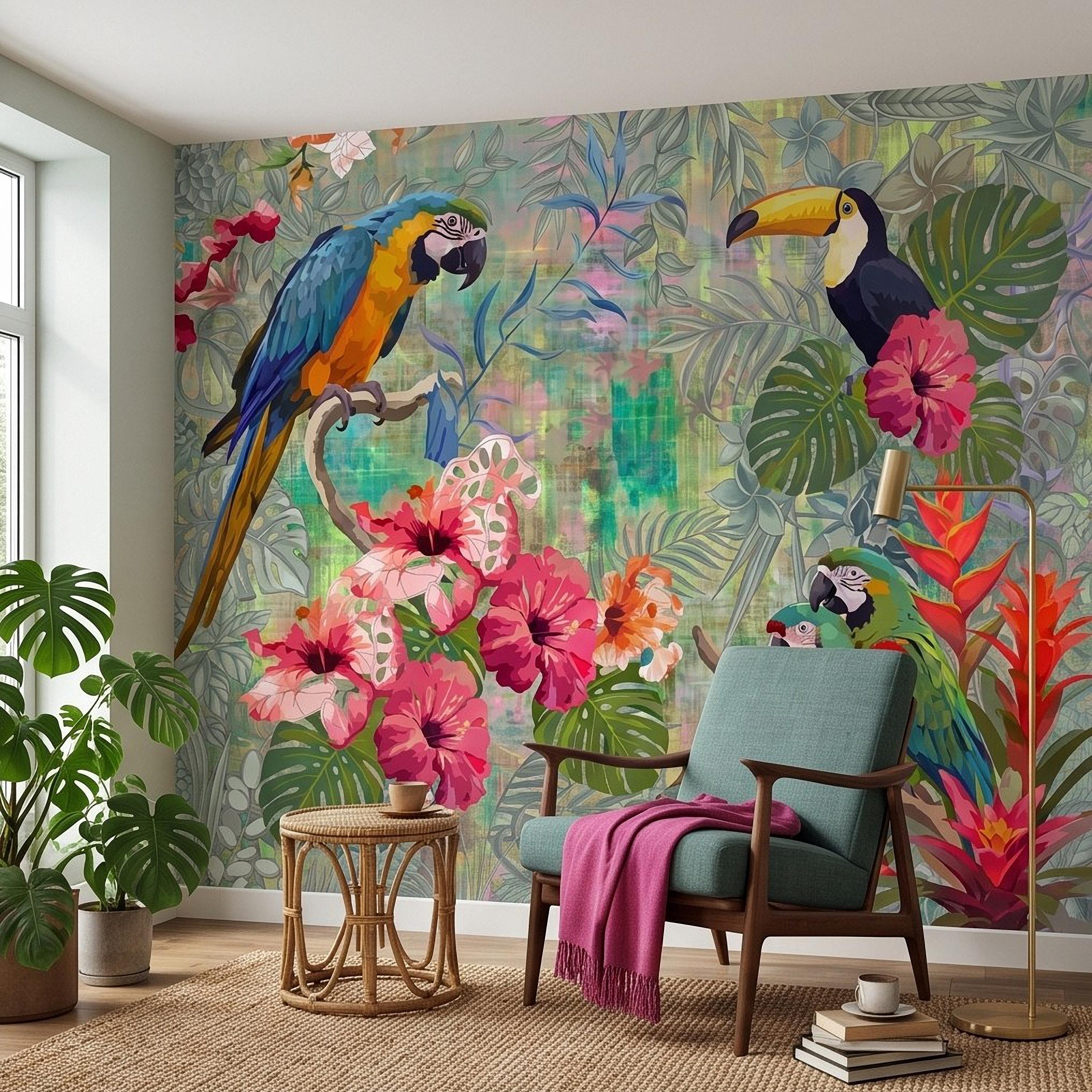 Tropical Birds Peel and Stick Wall Mural, Blue Macaw Toucan Hibiscus Monstera Exotic Botanical Jungle Wallpaper