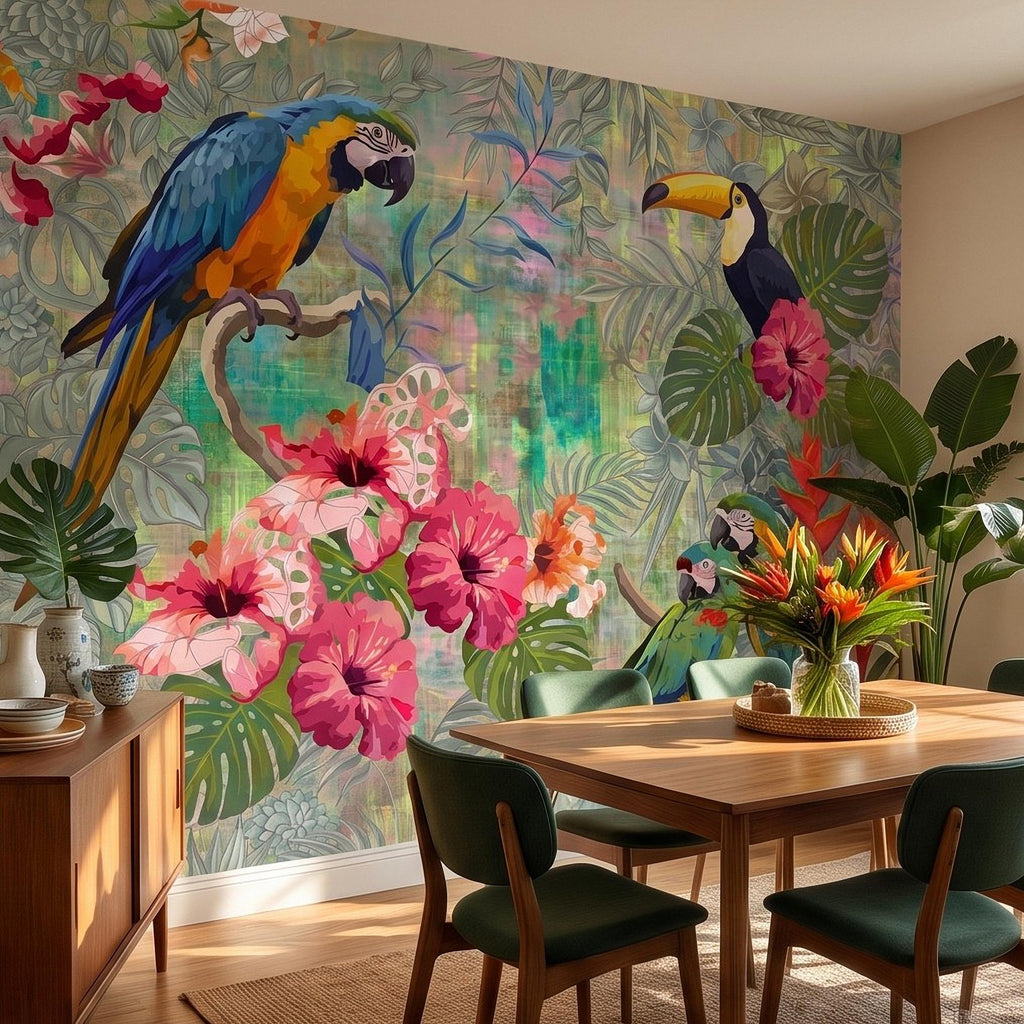 Tropical Birds Peel and Stick Wall Mural, Blue Macaw Toucan Hibiscus Monstera Exotic Botanical Jungle Wallpaper