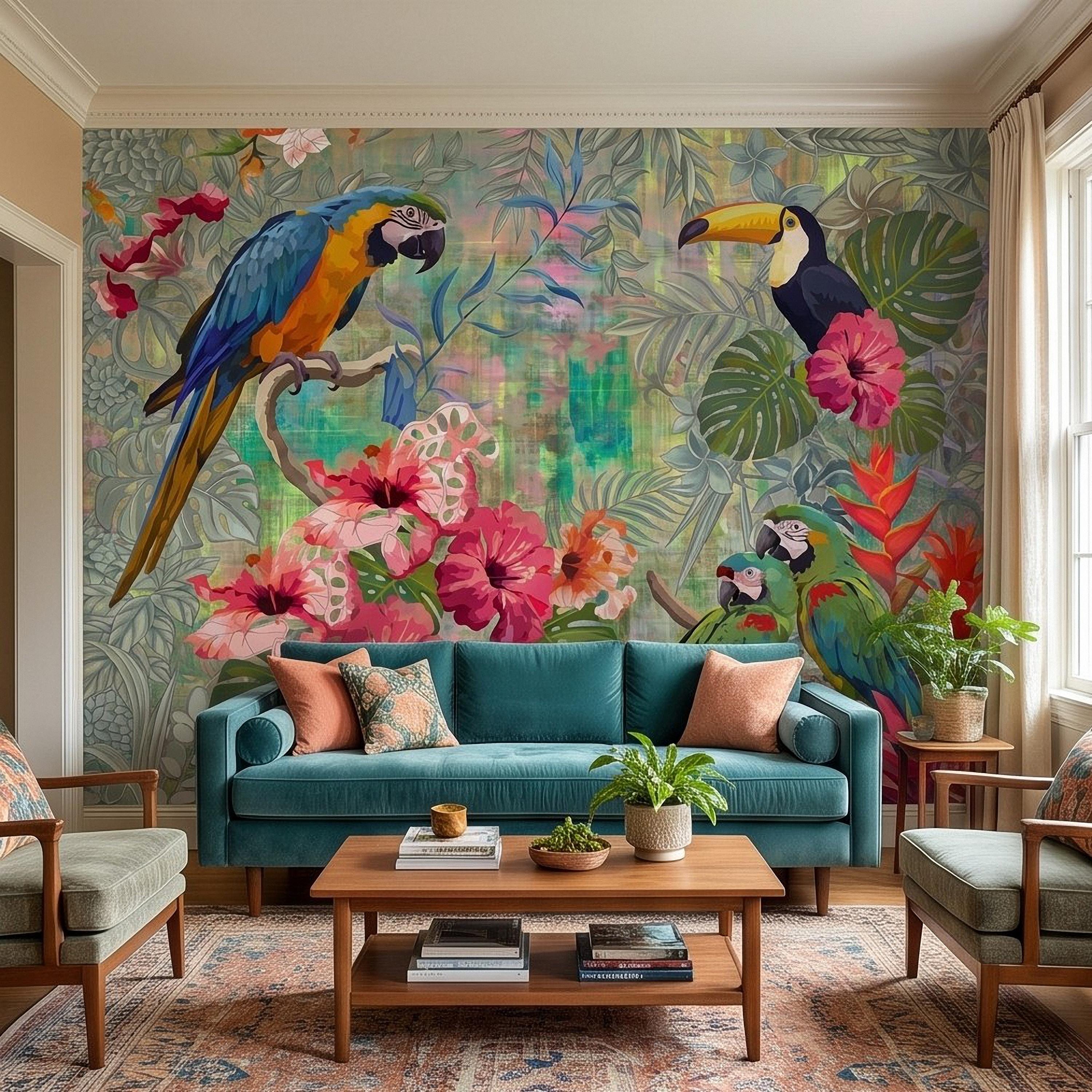 Tropical Birds Peel and Stick Wall Mural, Blue Macaw Toucan Hibiscus Monstera Exotic Botanical Jungle Wallpaper
