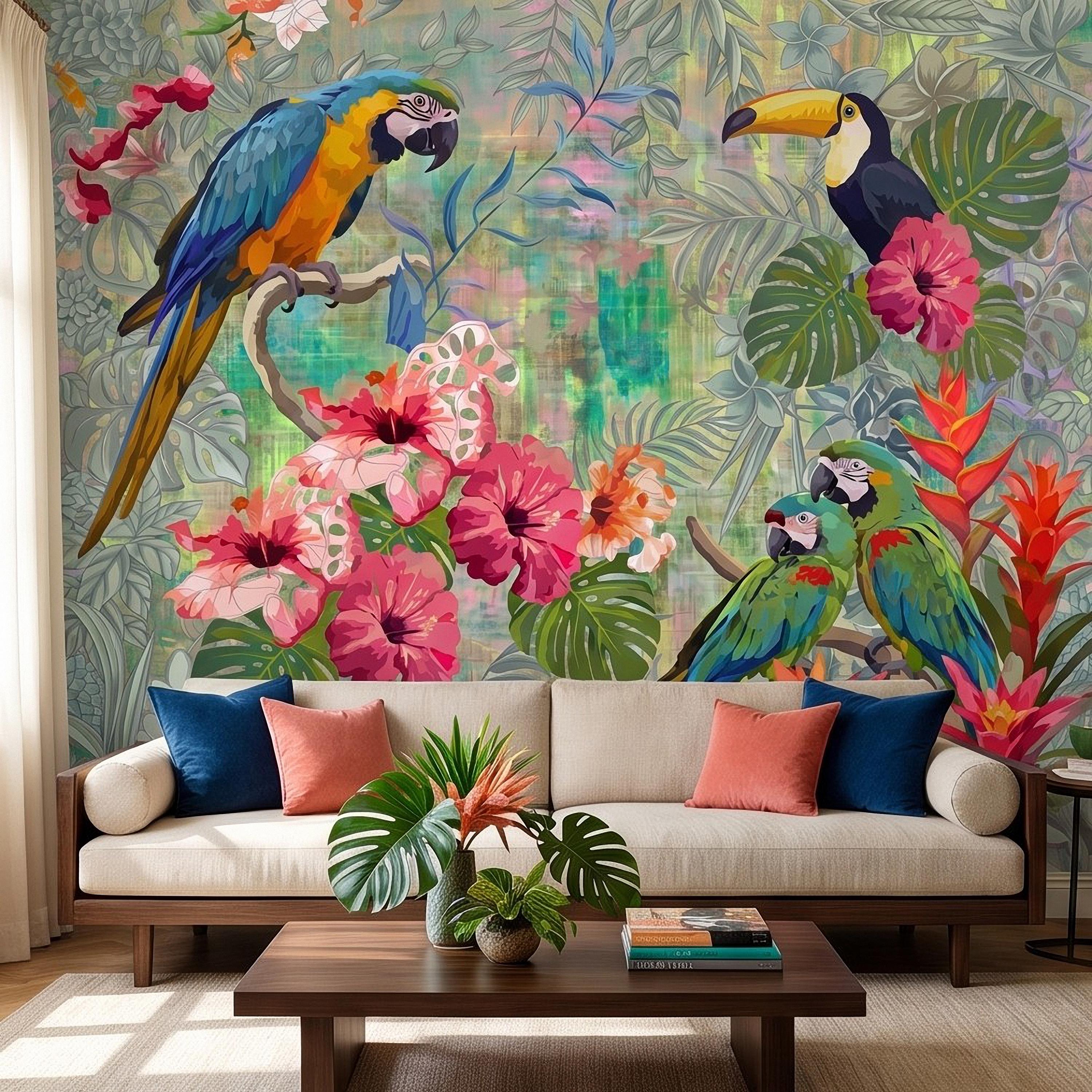 Tropical Birds Peel and Stick Wall Mural, Blue Macaw Toucan Hibiscus Monstera Exotic Botanical Jungle Wallpaper