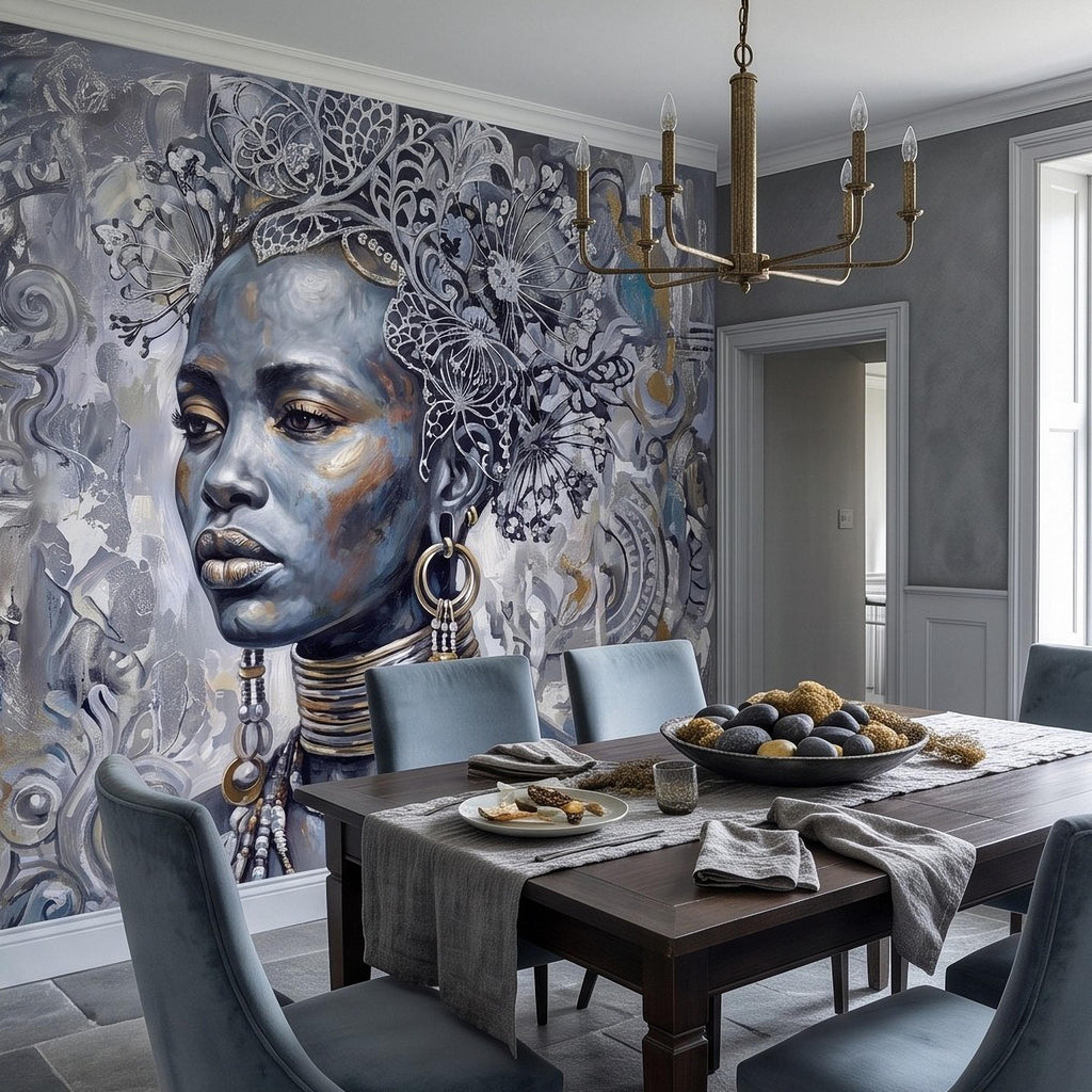 Abstract Female Portrait Peel and Stick Wall Mural, Butterfly Headdress Blue Gray Figurative Woman Ornamental Artistic Painting Wallpaper