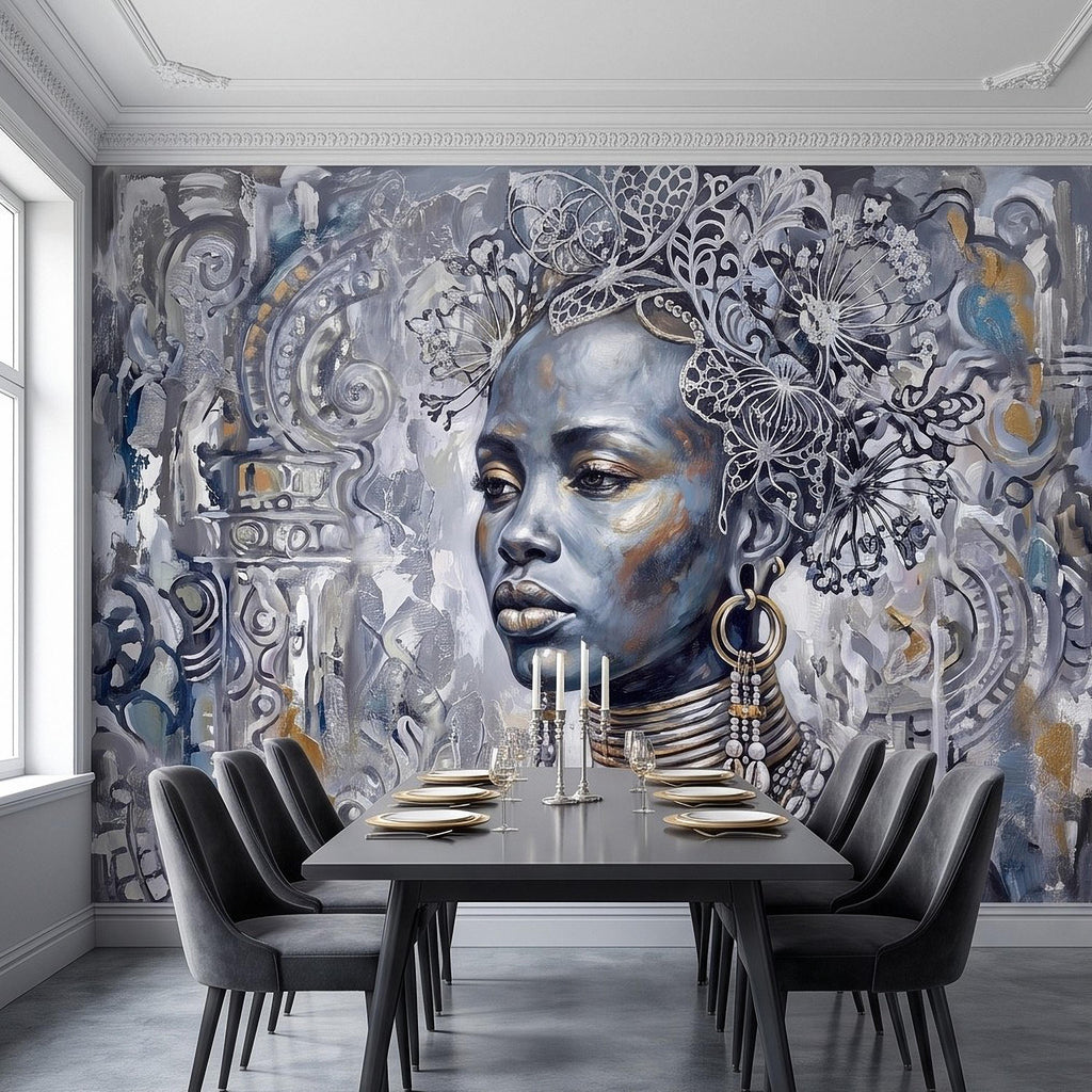 Abstract Female Portrait Peel and Stick Wall Mural, Butterfly Headdress Blue Gray Figurative Woman Ornamental Artistic Painting Wallpaper
