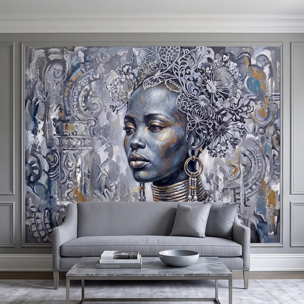 Abstract Female Portrait Peel and Stick Wall Mural, Butterfly Headdress Blue Gray Figurative Woman Ornamental Artistic Painting Wallpaper