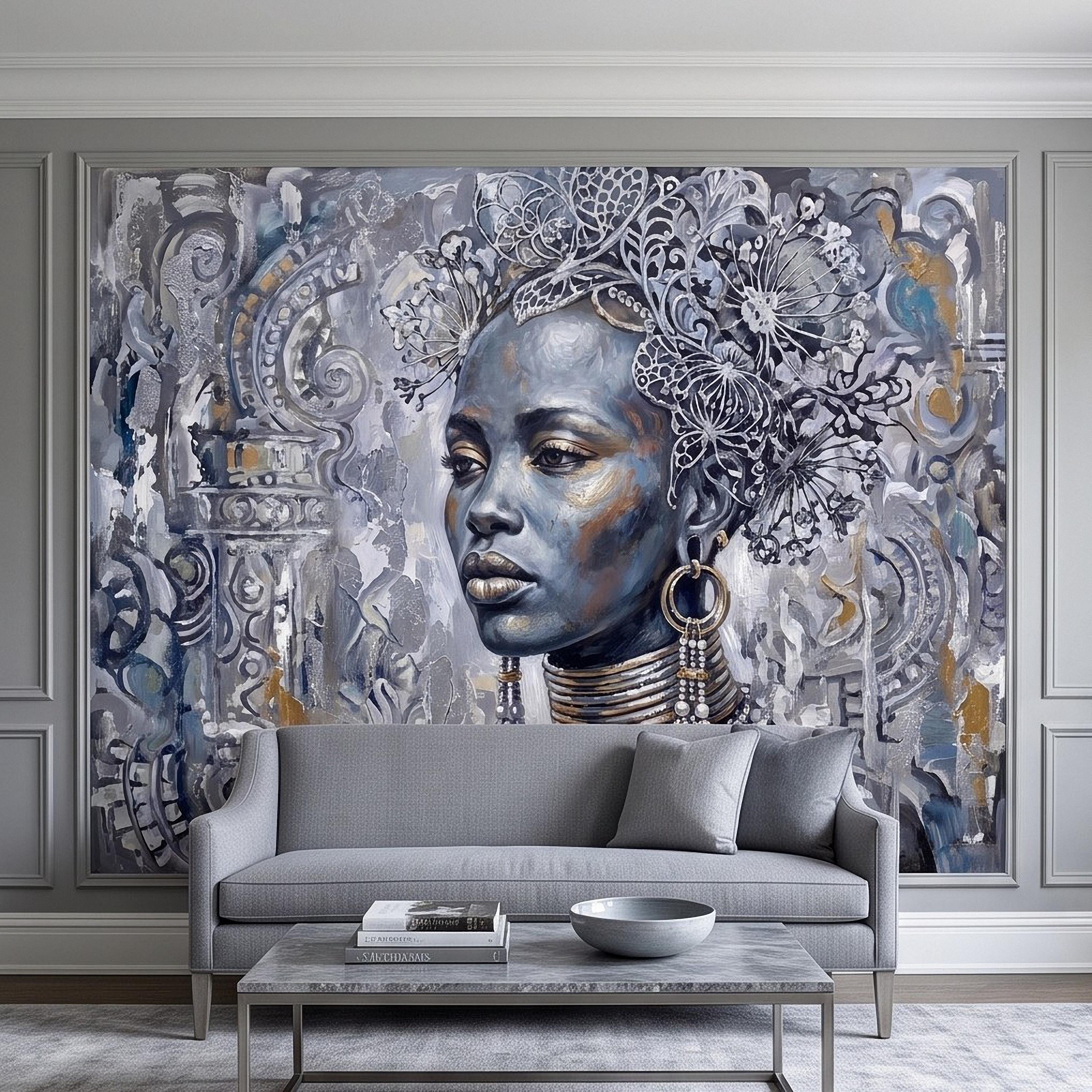 Abstract Female Portrait Peel and Stick Wall Mural, Butterfly Headdress Blue Gray Figurative Woman Ornamental Artistic Painting Wallpaper