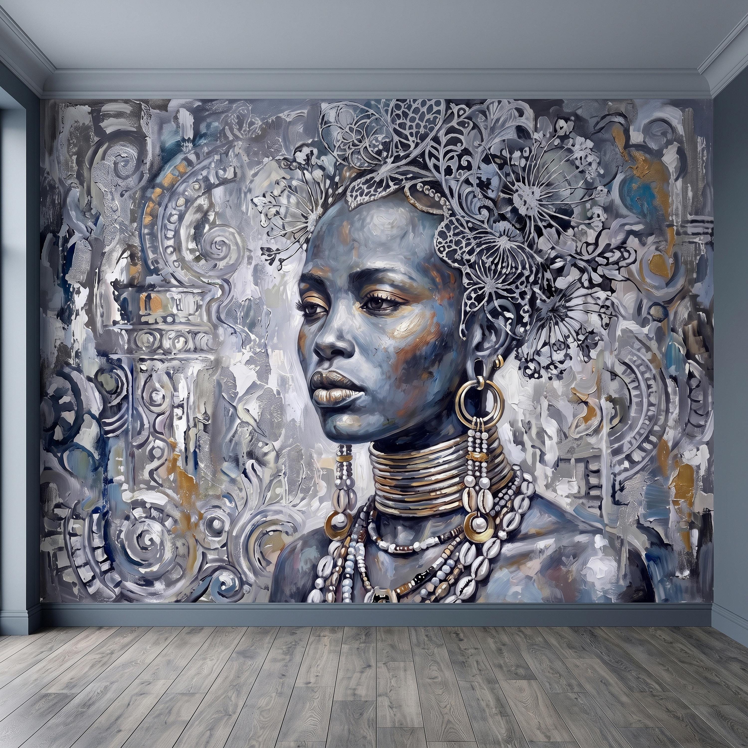 Abstract Female Portrait Peel and Stick Wall Mural, Butterfly Headdress Blue Gray Figurative Woman Ornamental Artistic Painting Wallpaper
