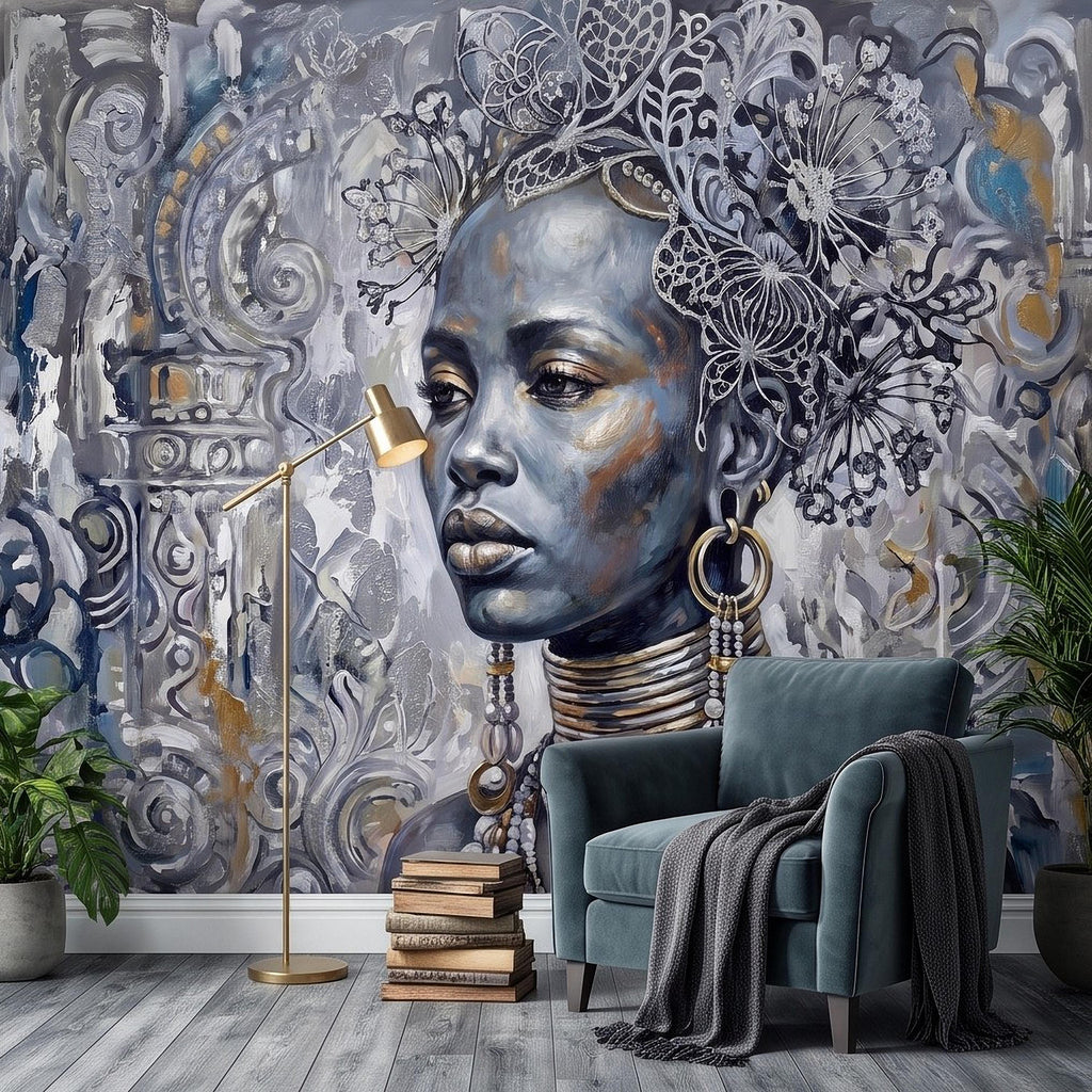 Abstract Female Portrait Peel and Stick Wall Mural, Butterfly Headdress Blue Gray Figurative Woman Ornamental Artistic Painting Wallpaper
