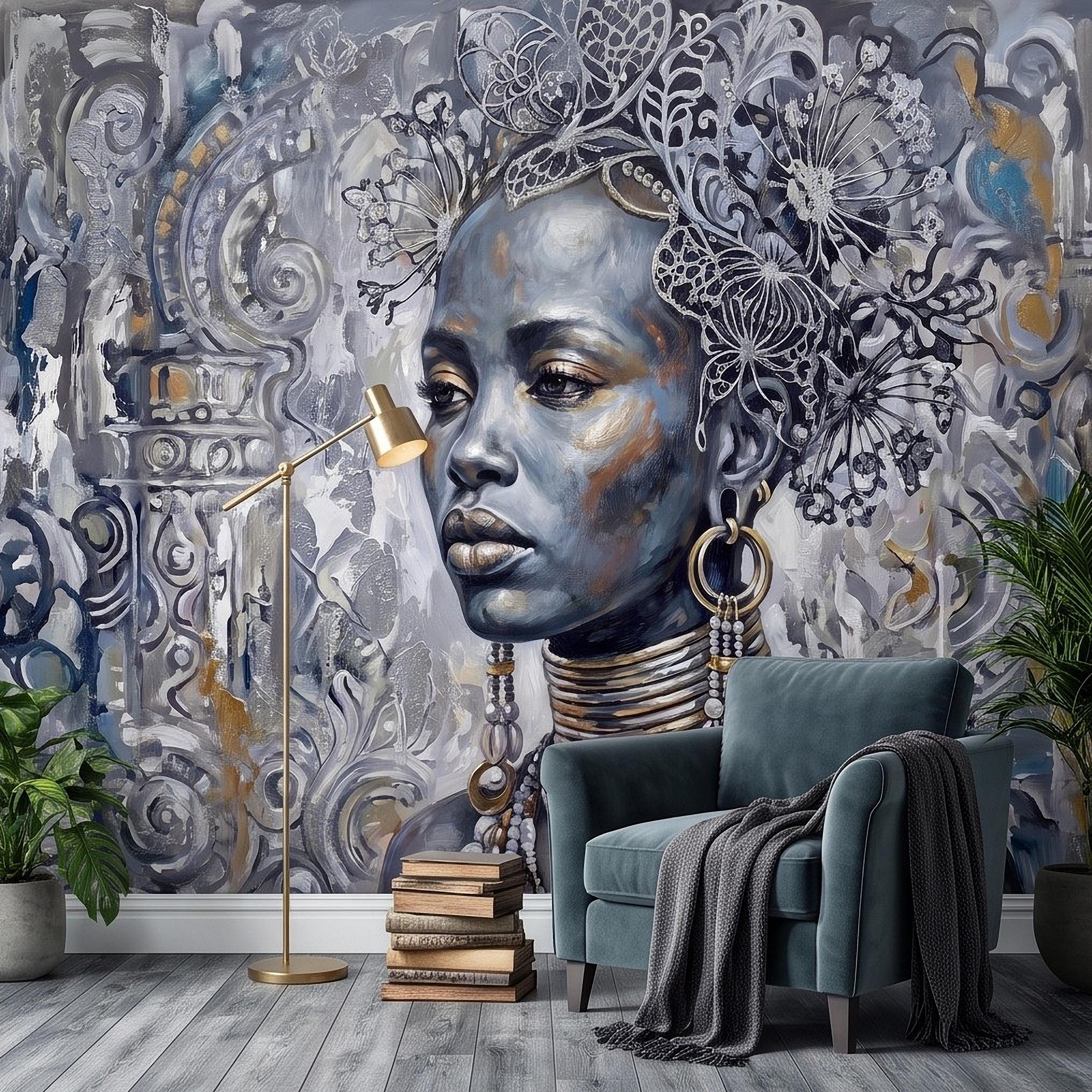 Abstract Female Portrait Peel and Stick Wall Mural, Butterfly Headdress Blue Gray Figurative Woman Ornamental Artistic Painting Wallpaper