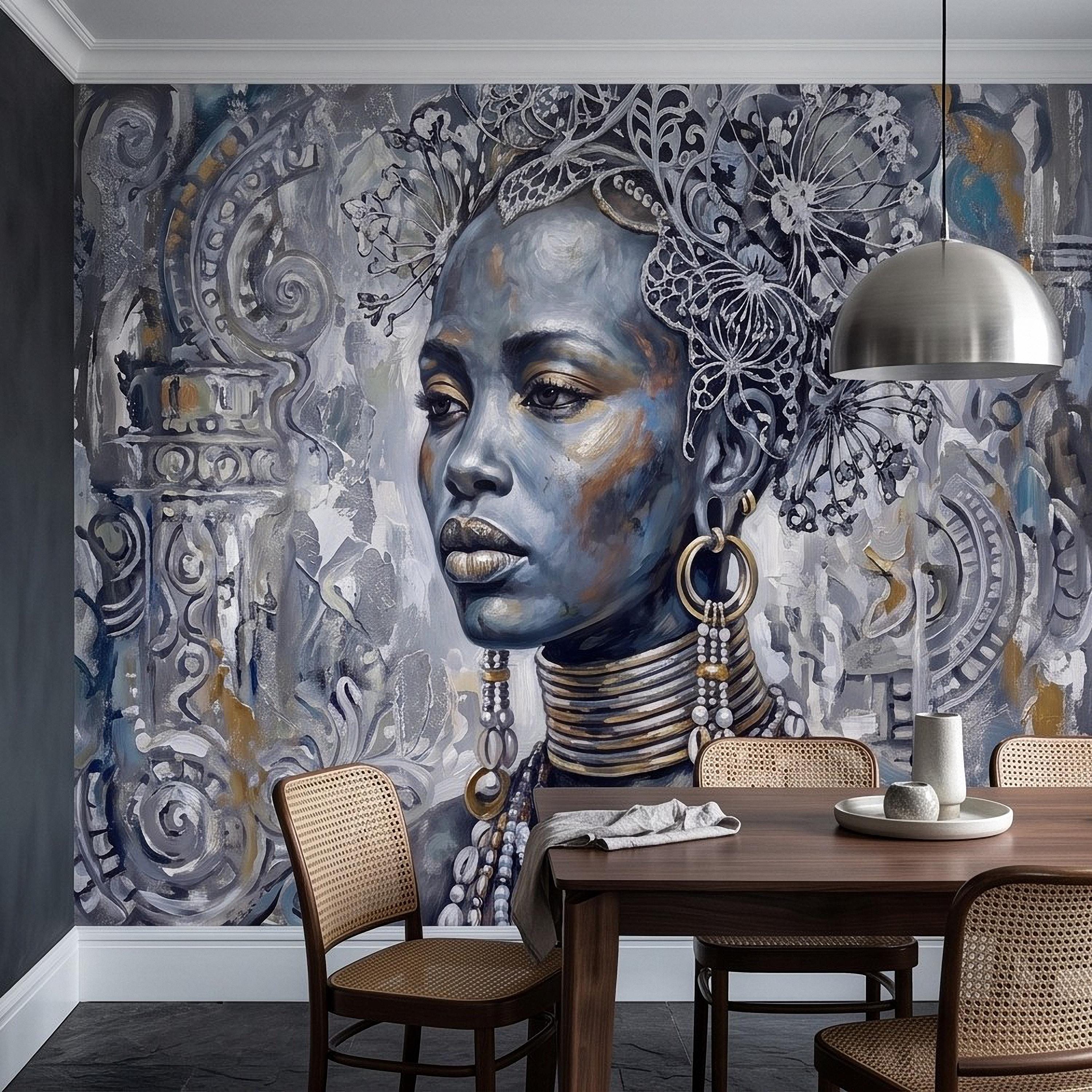 Abstract Female Portrait Peel and Stick Wall Mural, Butterfly Headdress Blue Gray Figurative Woman Ornamental Artistic Painting Wallpaper