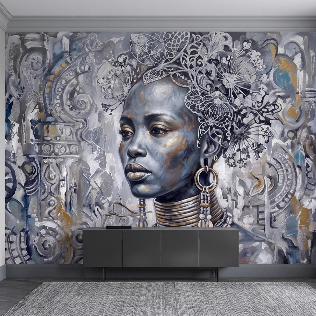 Abstract Female Portrait Peel and Stick Wall Mural, Butterfly Headdress Blue Gray Figurative Woman Ornamental Artistic Painting Wallpaper