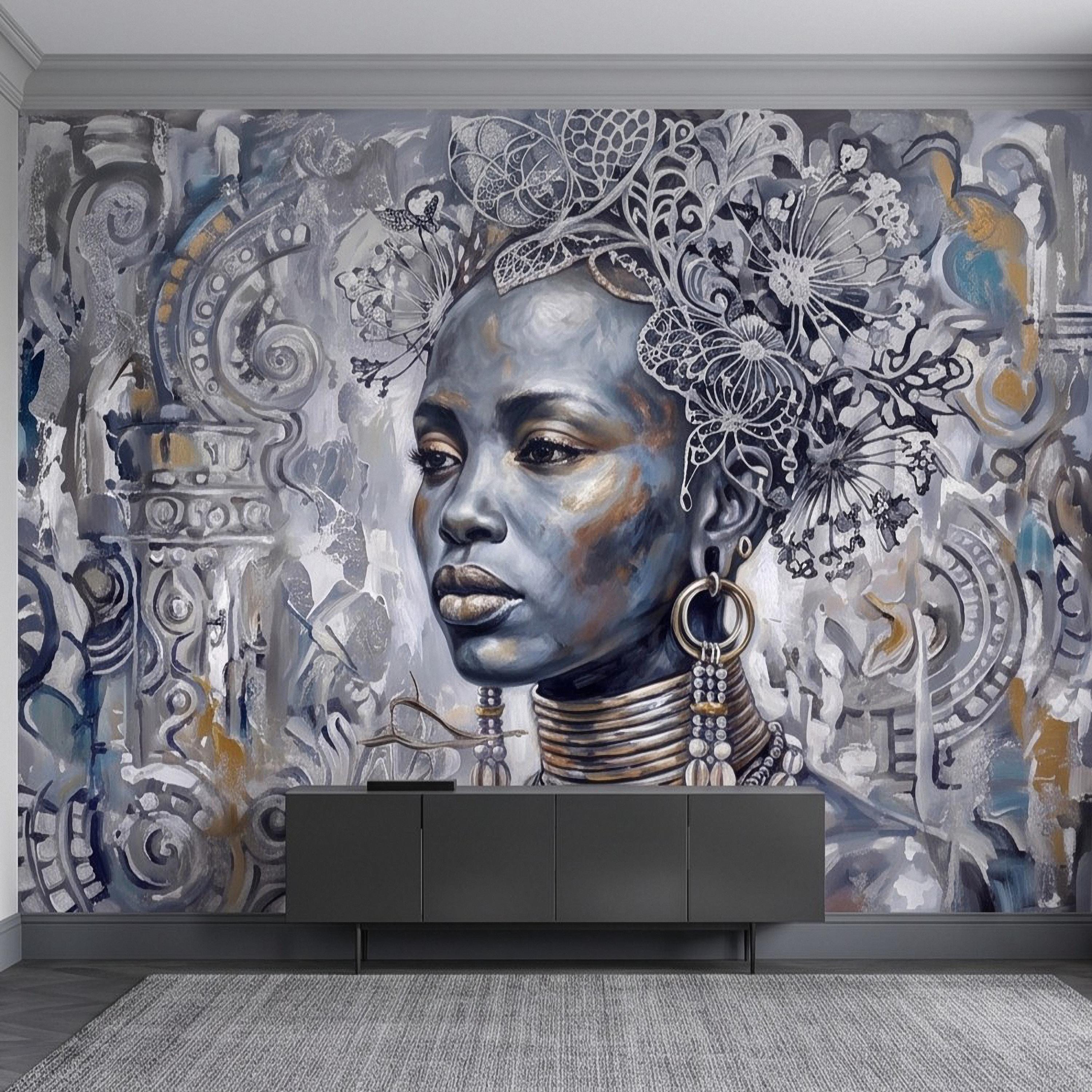 Abstract Female Portrait Peel and Stick Wall Mural, Butterfly Headdress Blue Gray Figurative Woman Ornamental Artistic Painting Wallpaper