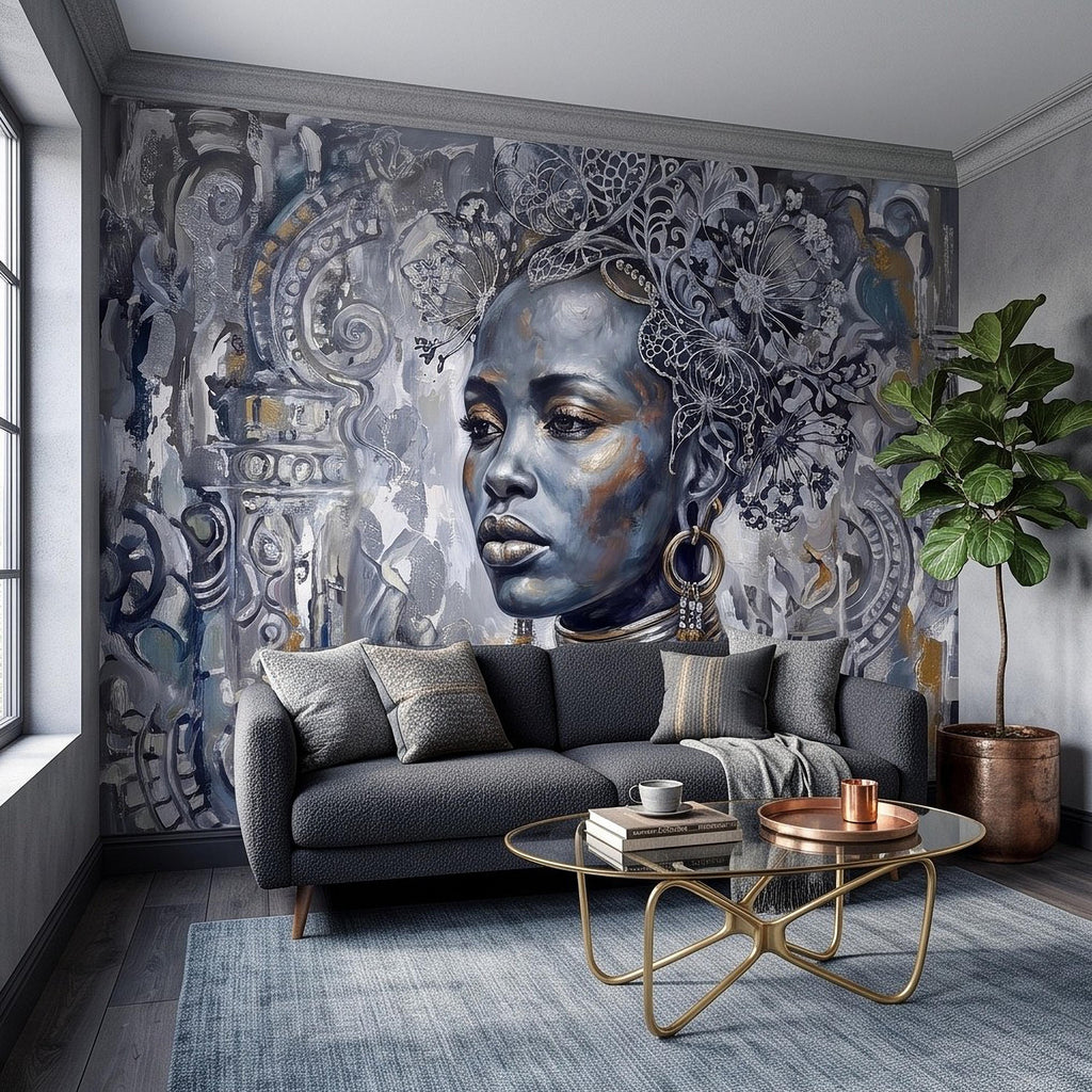 Abstract Female Portrait Peel and Stick Wall Mural, Butterfly Headdress Blue Gray Figurative Woman Ornamental Artistic Painting Wallpaper