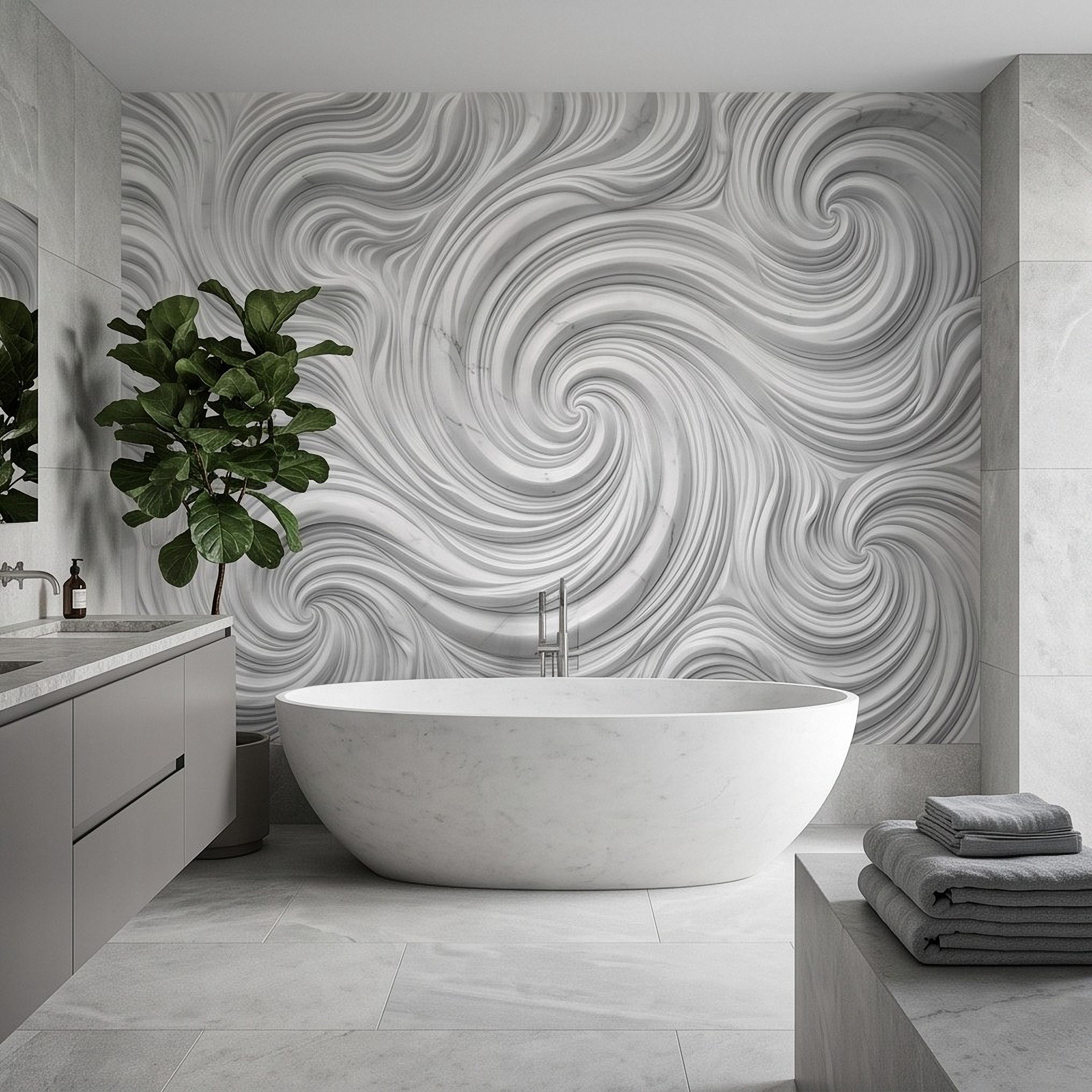 3D White Marble Relief Peel and Stick Wall Mural, Abstract Swirl Wave Texture Modern Minimalist Wallpaper