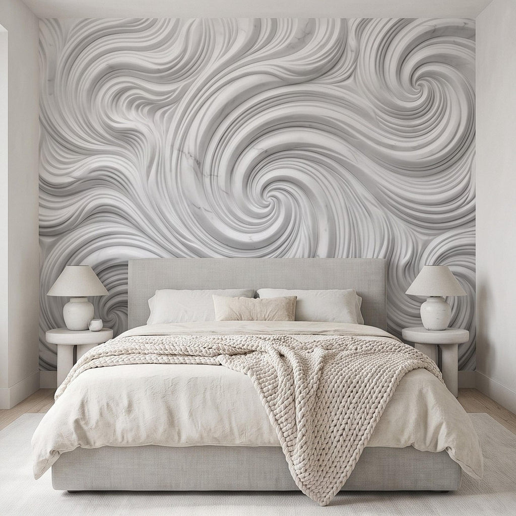 3D White Marble Relief Peel and Stick Wall Mural, Abstract Swirl Wave Texture Modern Minimalist Wallpaper