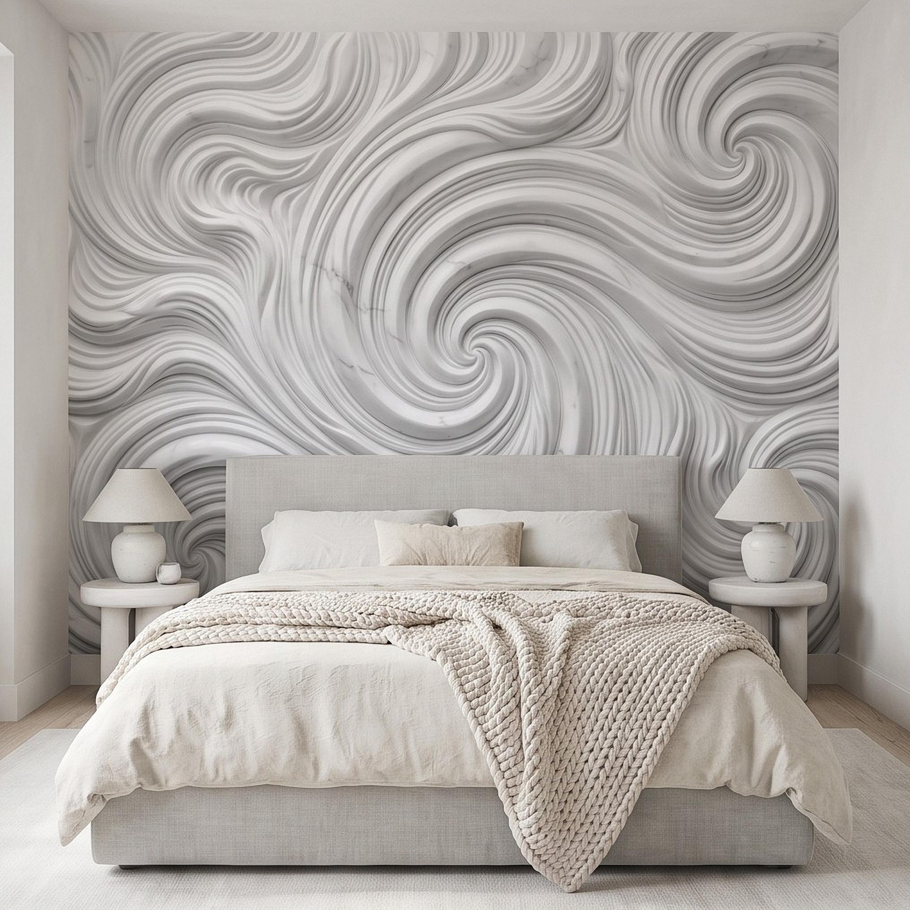 3D White Marble Relief Peel and Stick Wall Mural, Abstract Swirl Wave Texture Modern Minimalist Wallpaper