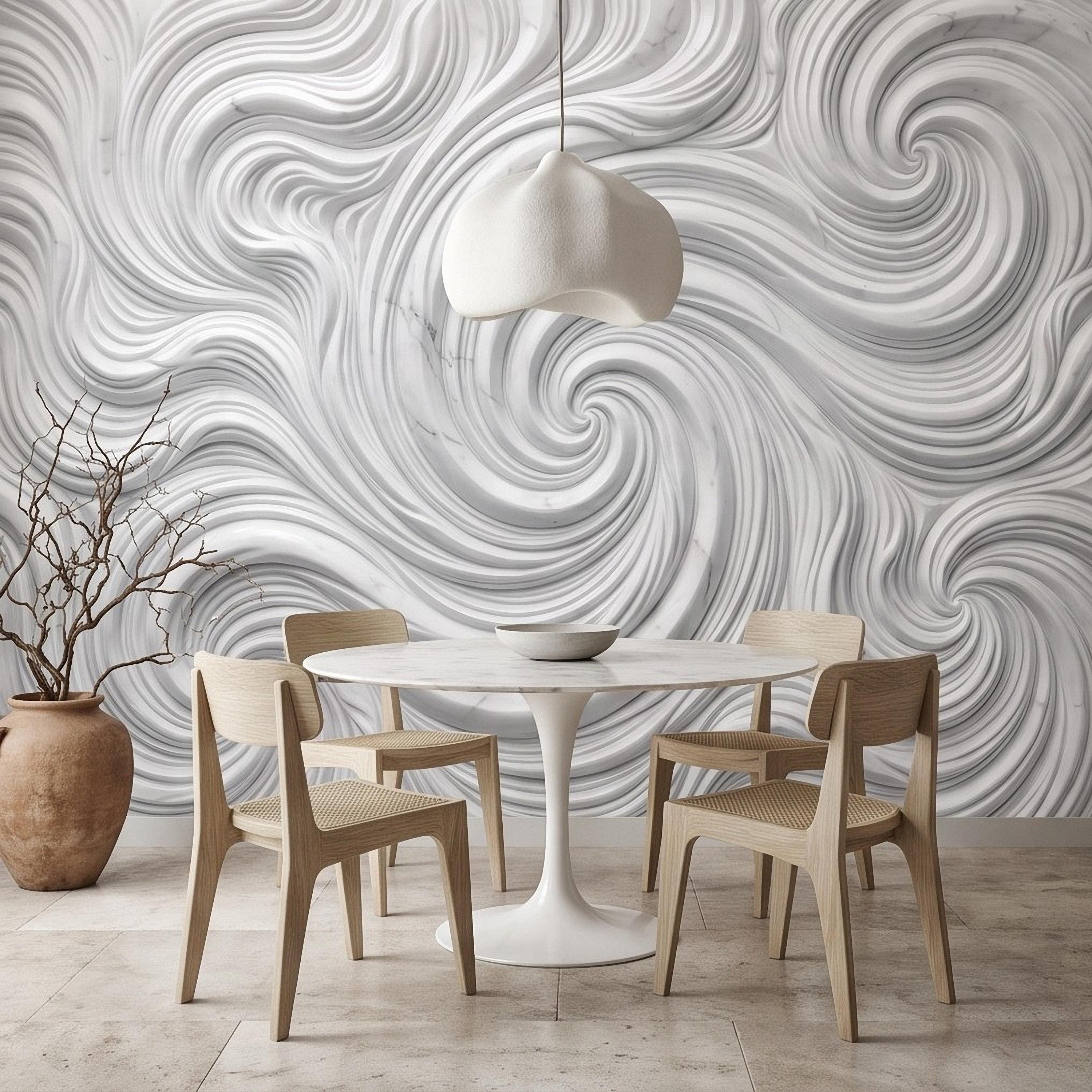 3D White Marble Relief Peel and Stick Wall Mural, Abstract Swirl Wave Texture Modern Minimalist Wallpaper