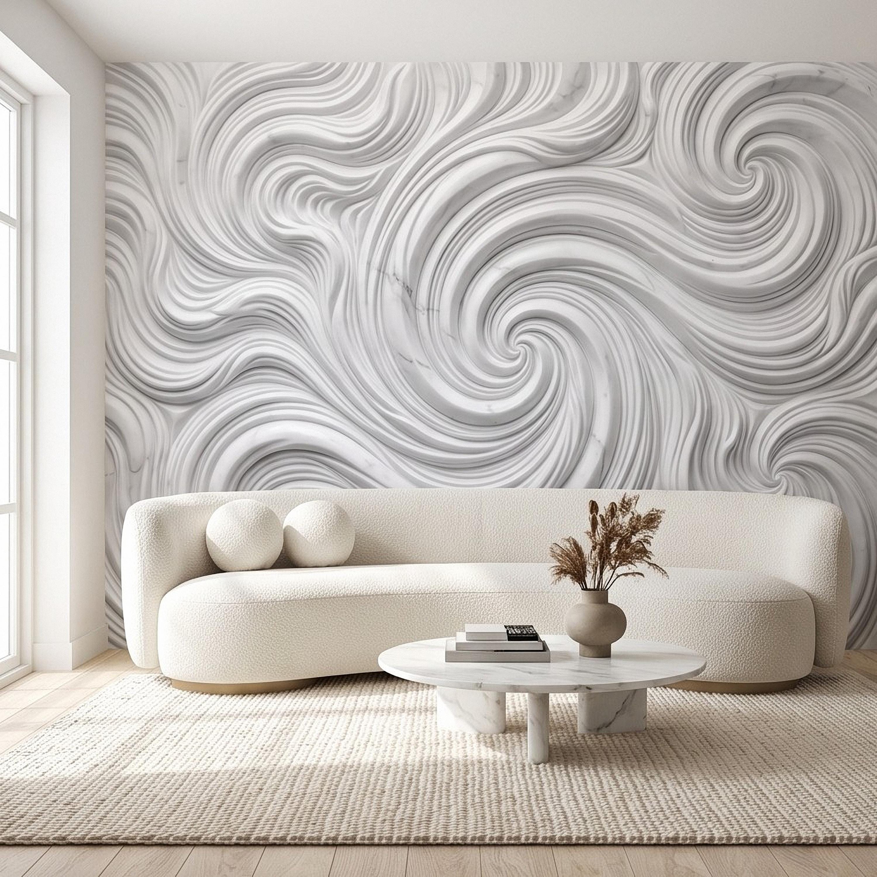 3D White Marble Relief Peel and Stick Wall Mural, Abstract Swirl Wave Texture Modern Minimalist Wallpaper