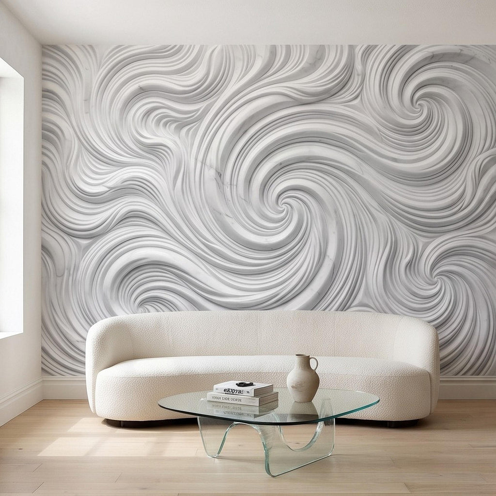 3D White Marble Relief Peel and Stick Wall Mural, Abstract Swirl Wave Texture Modern Minimalist Wallpaper