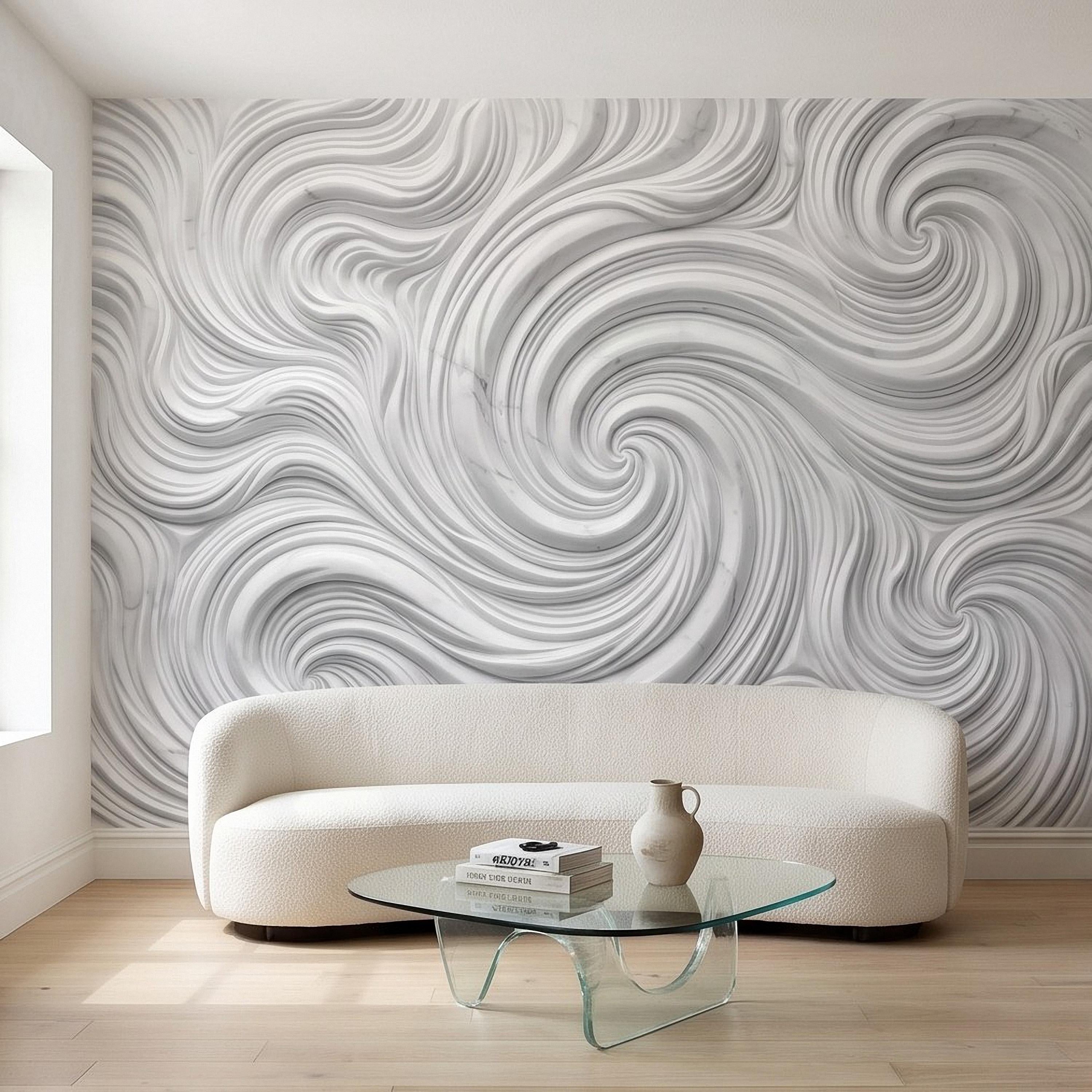 3D White Marble Relief Peel and Stick Wall Mural, Abstract Swirl Wave Texture Modern Minimalist Wallpaper