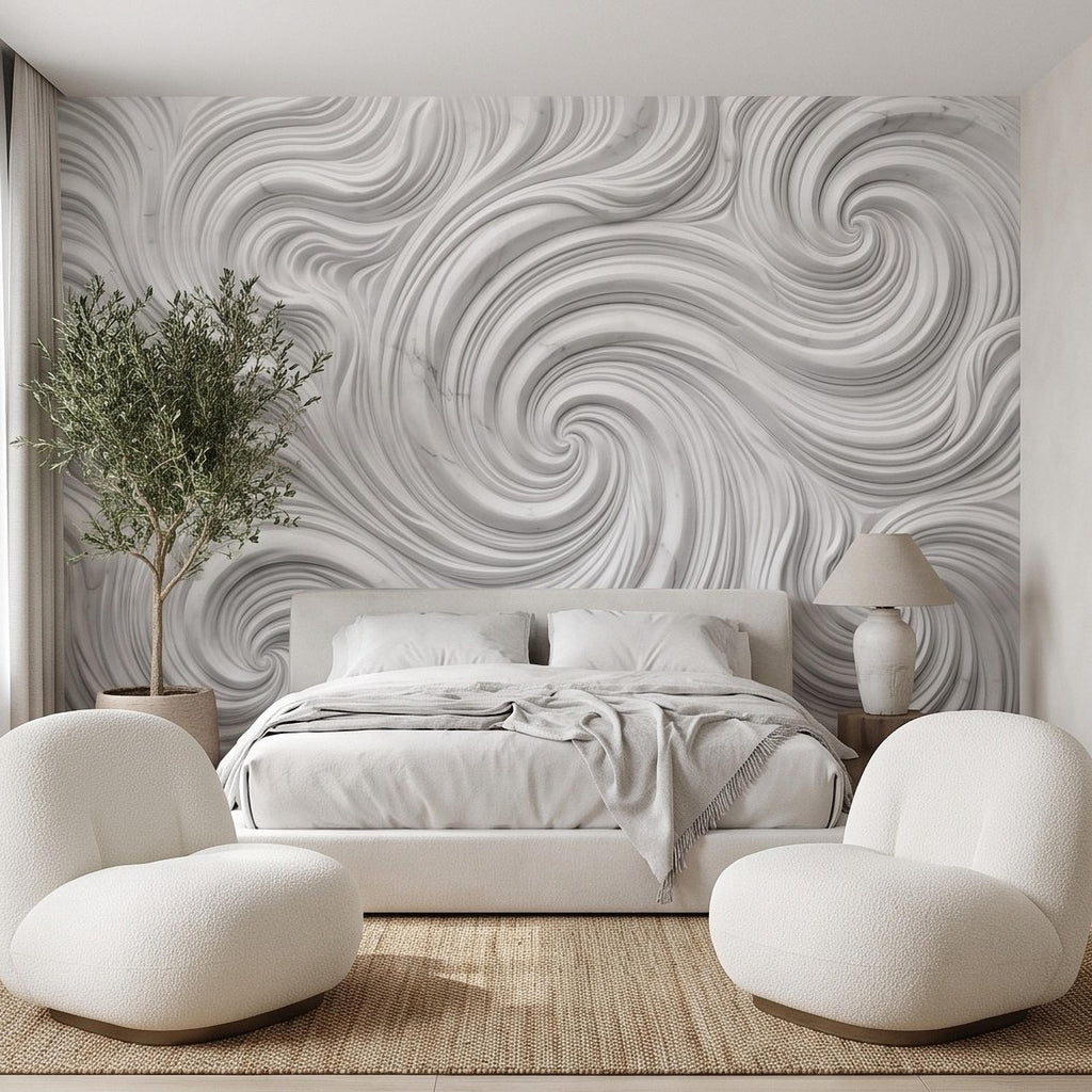 3D White Marble Relief Peel and Stick Wall Mural, Abstract Swirl Wave Texture Modern Minimalist Wallpaper