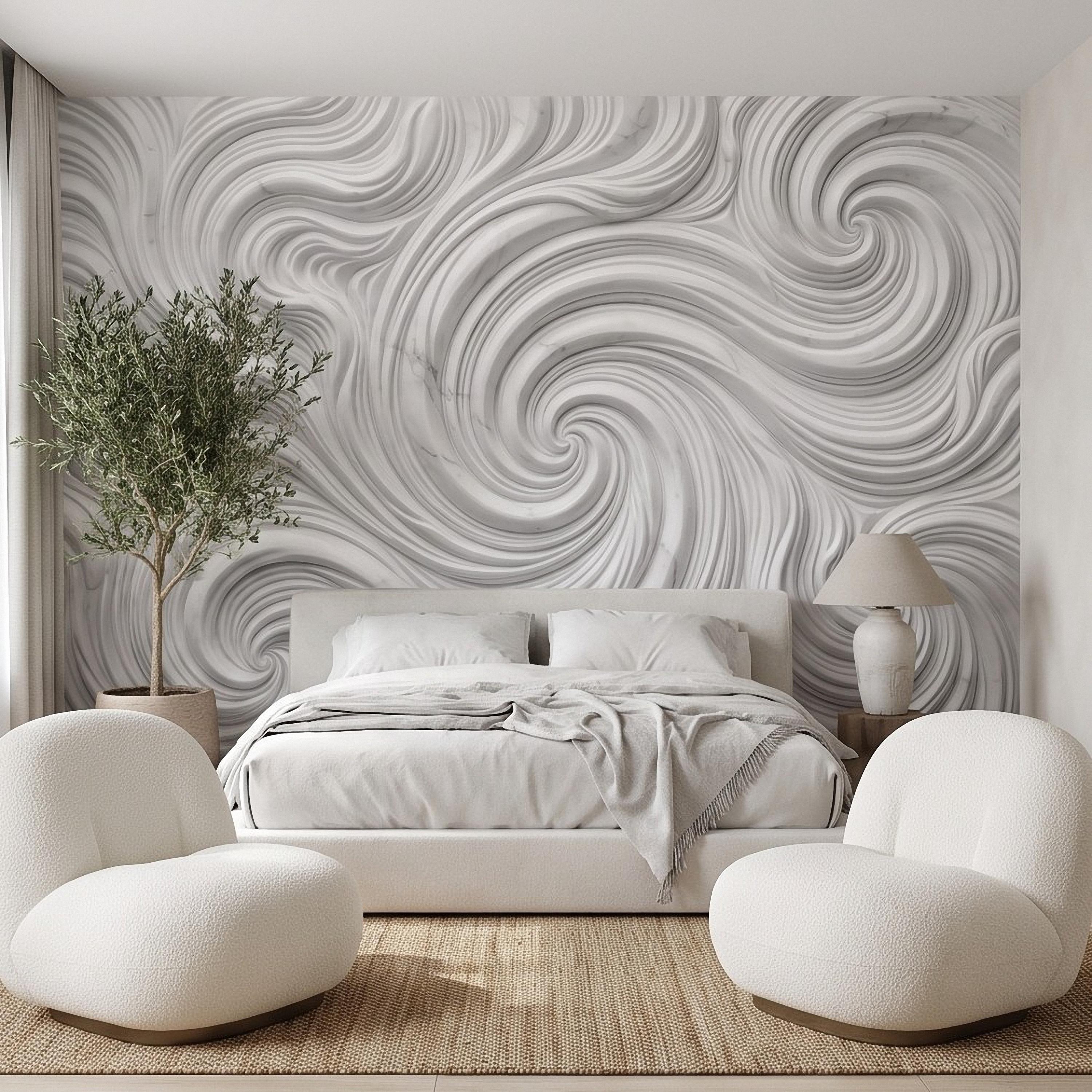 3D White Marble Relief Peel and Stick Wall Mural, Abstract Swirl Wave Texture Modern Minimalist Wallpaper