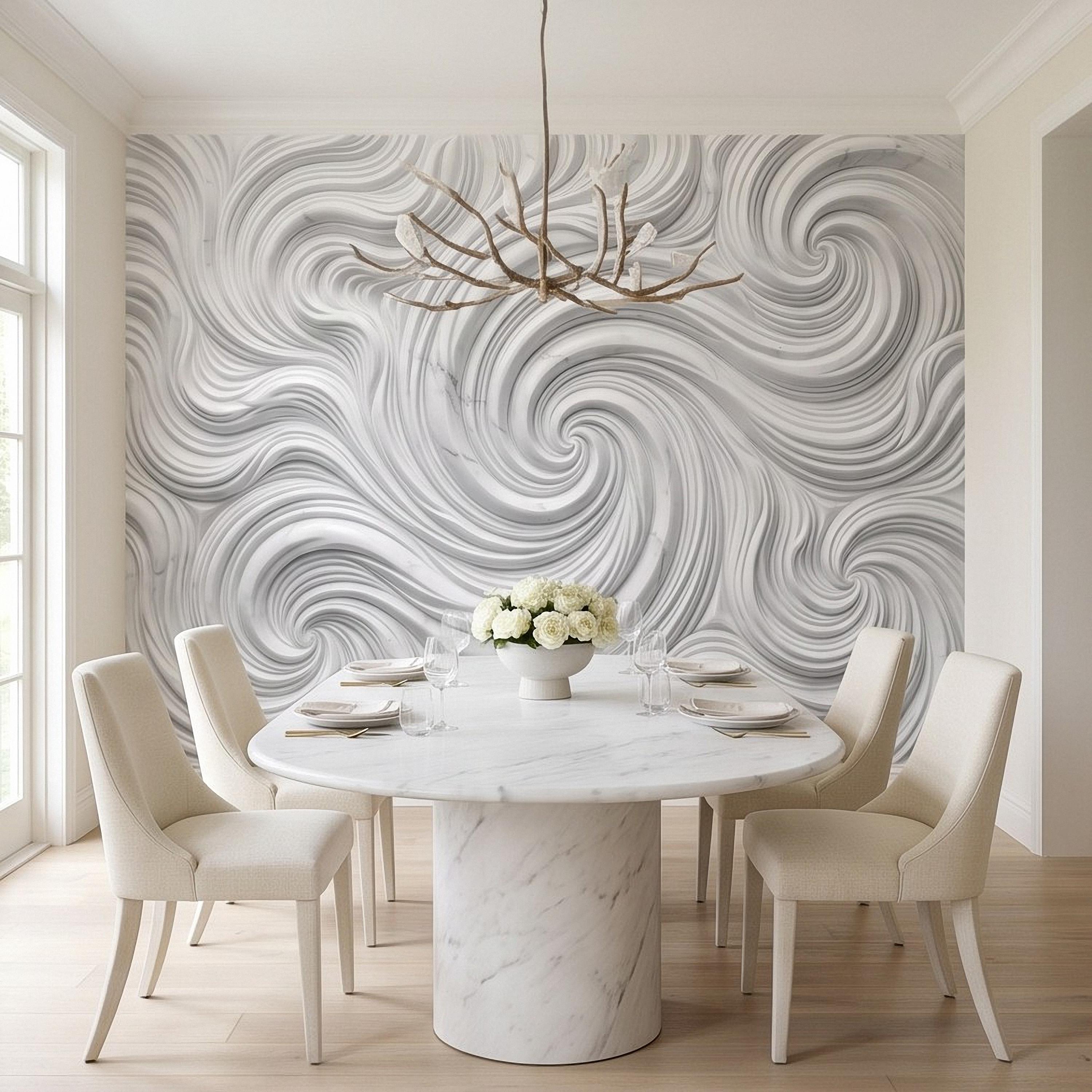 3D White Marble Relief Peel and Stick Wall Mural, Abstract Swirl Wave Texture Modern Minimalist Wallpaper